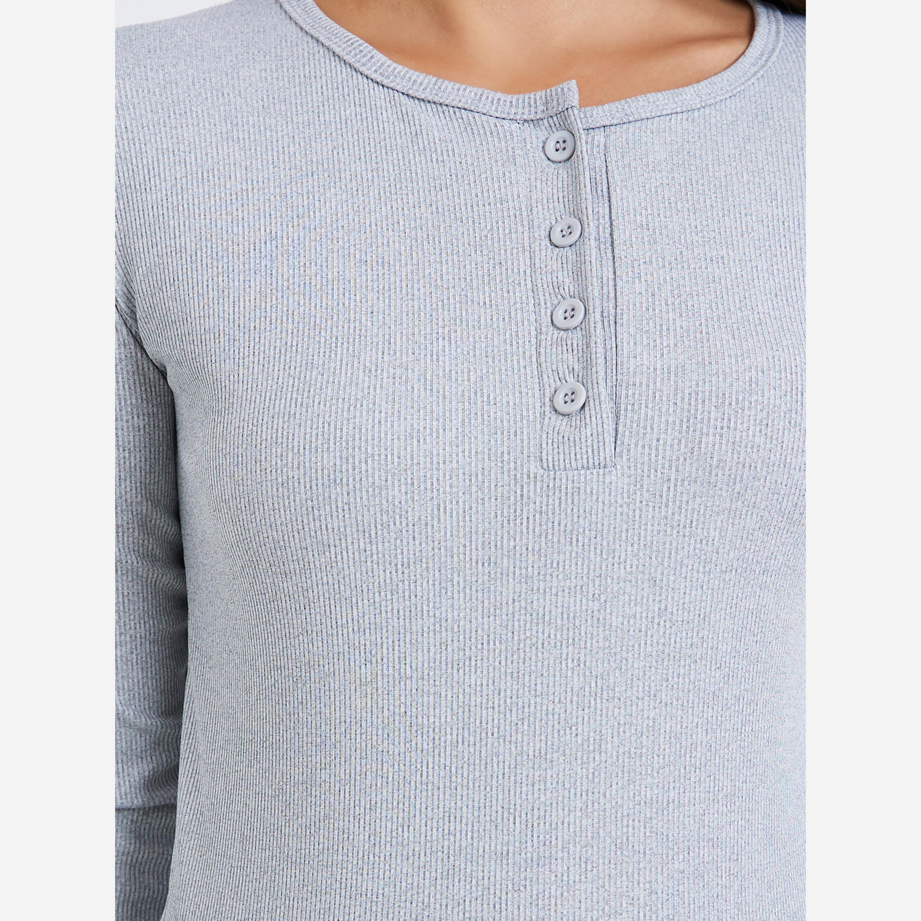 Styli Plain Crew Neck Long Sleeve T-shirt with Button Down Design-women-clothing-tshirts-image-4