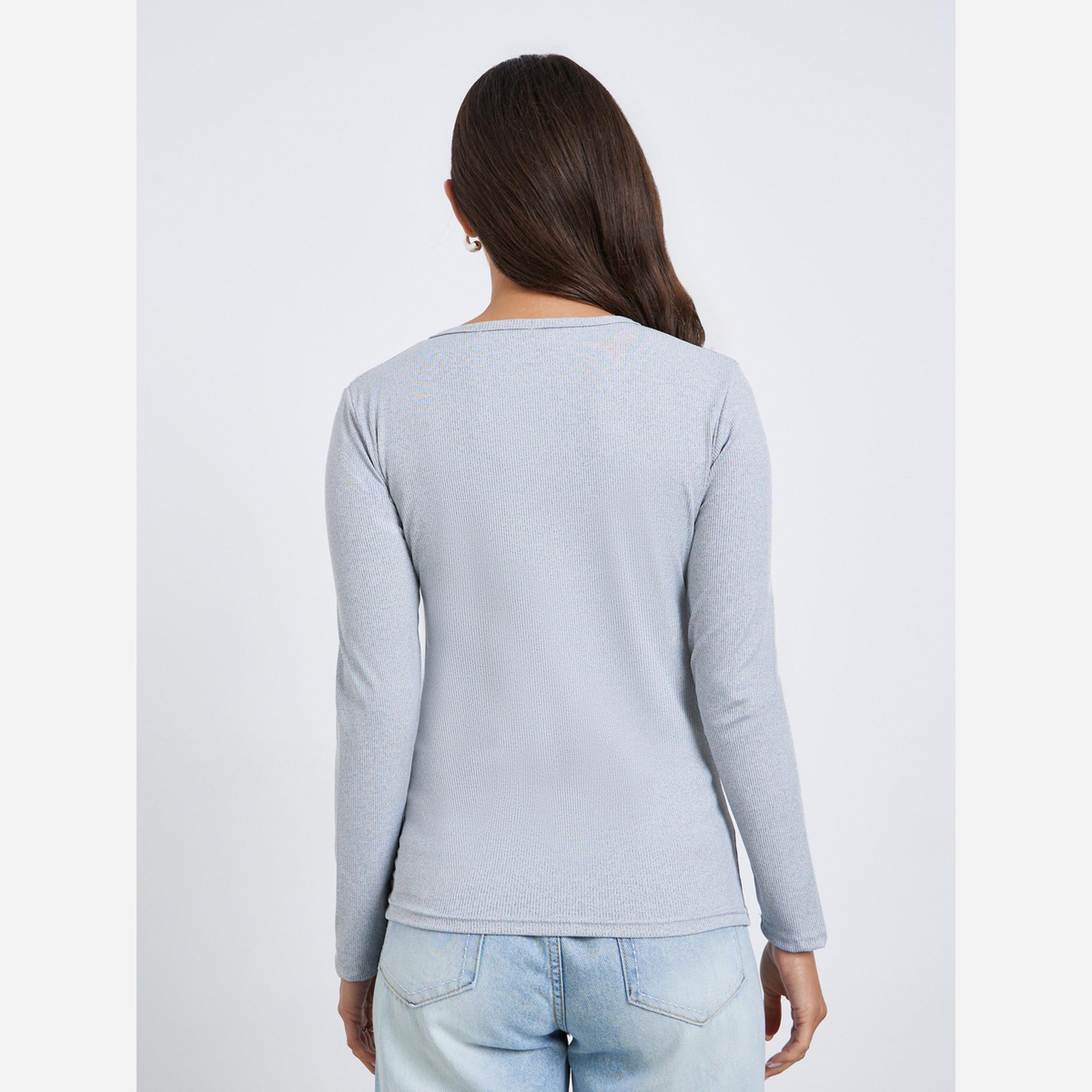 Styli Plain Crew Neck Long Sleeve T-shirt with Button Down Design-women-clothing-tshirts-image-5