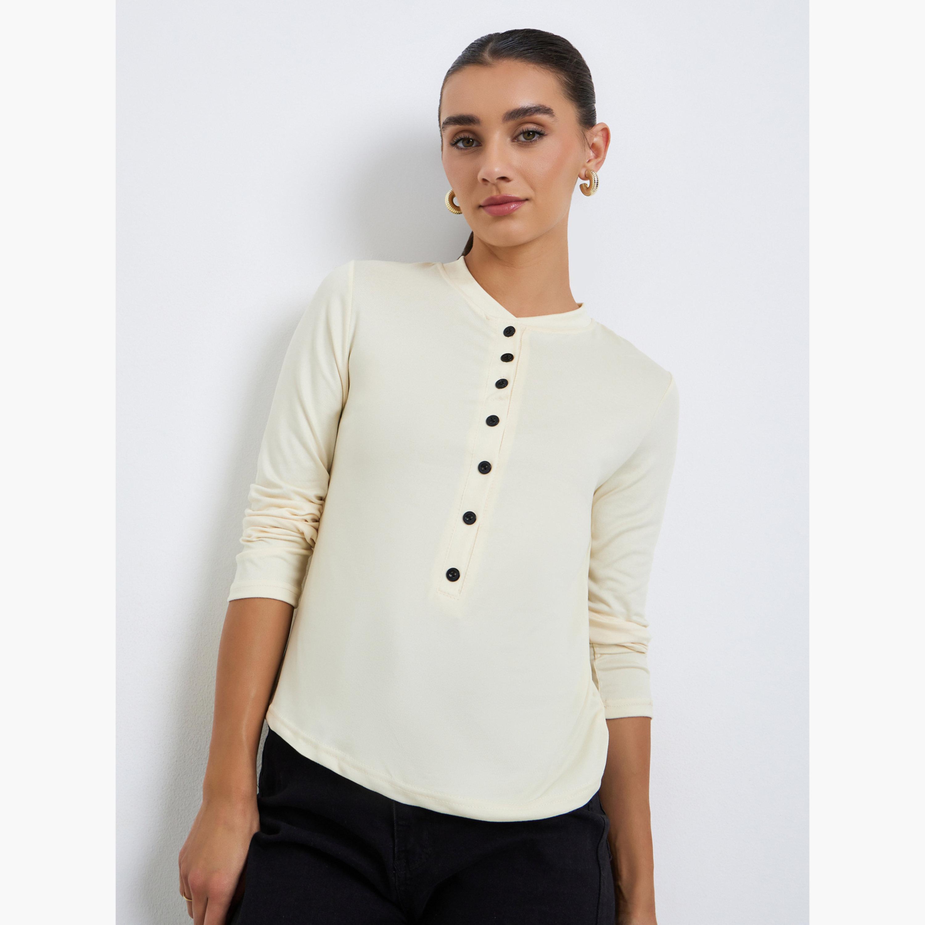 Styli Women Button-Front Long Sleeve T-Shirt-women-clothing-shirtsandblouses-blouses-image-1