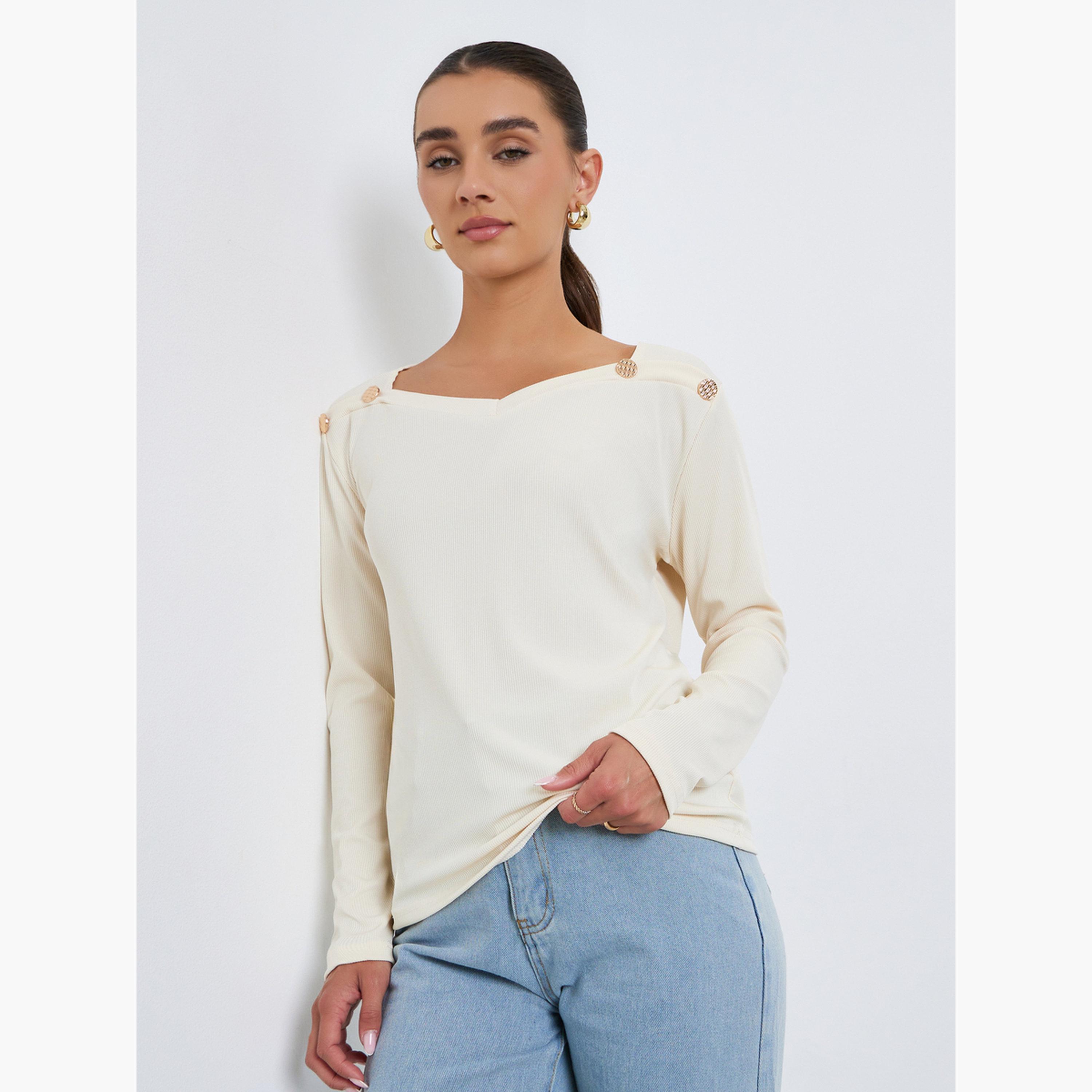Styli Women Long Sleeve T-Shirt with Button Detail-women-clothing-shirtsandblouses-blouses-image-1