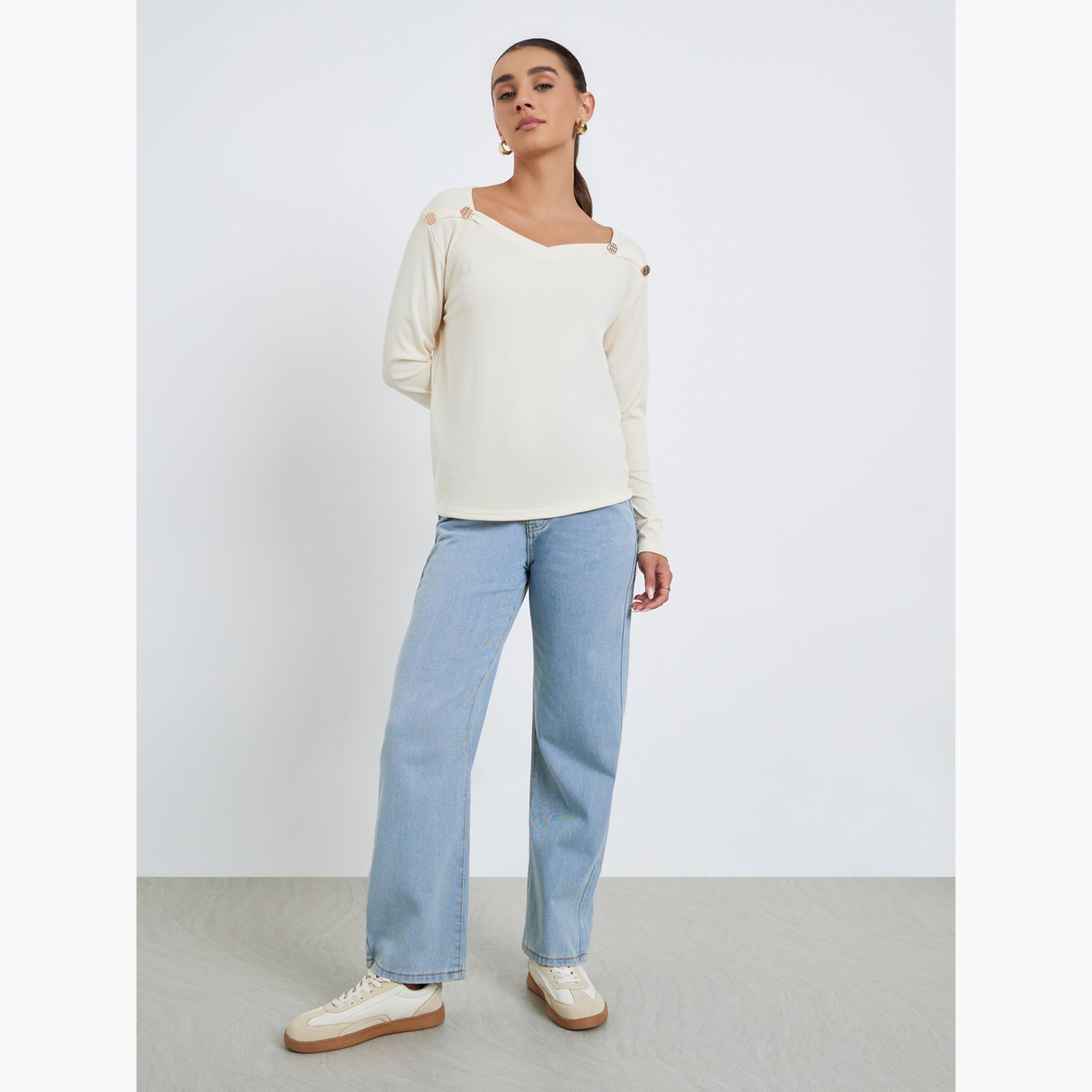 Styli Women Long Sleeve T-Shirt with Button Detail-women-clothing-shirtsandblouses-blouses-image-2