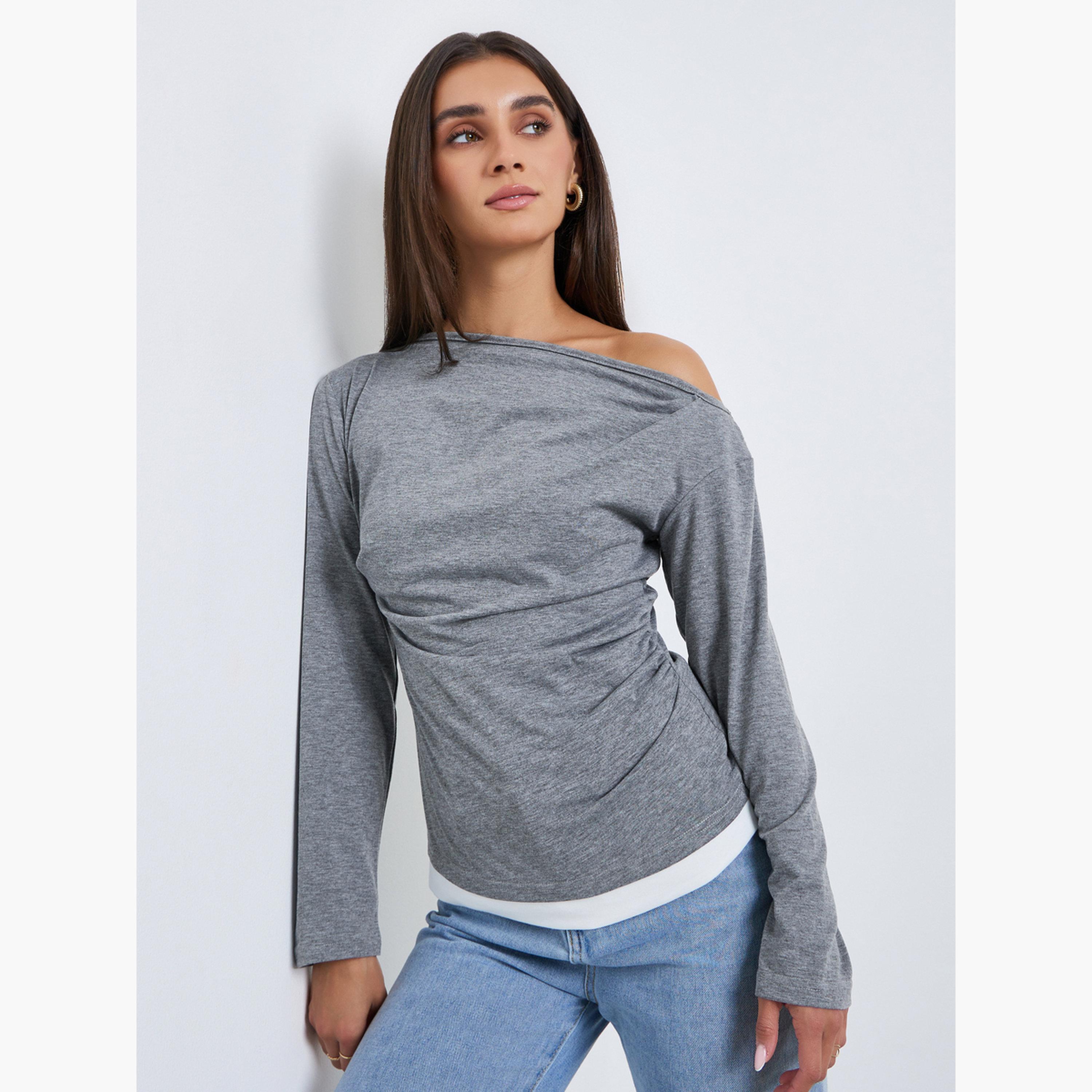 Styli Women Grey Off-Shoulder Long Sleeve Top-women-clothing-tshirts-image-1