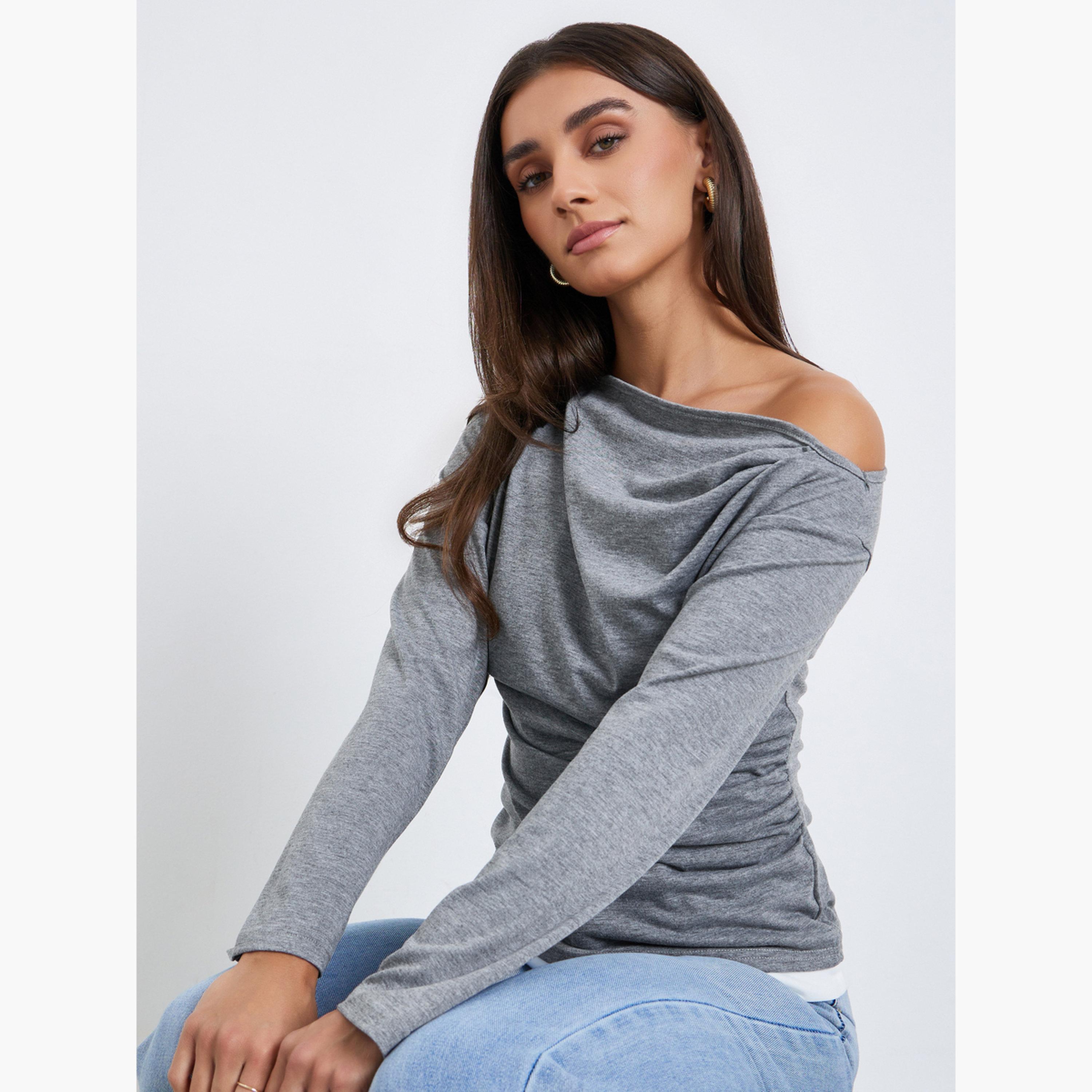 Styli Women Grey Off-Shoulder Long Sleeve Top-women-clothing-tshirts-image-3