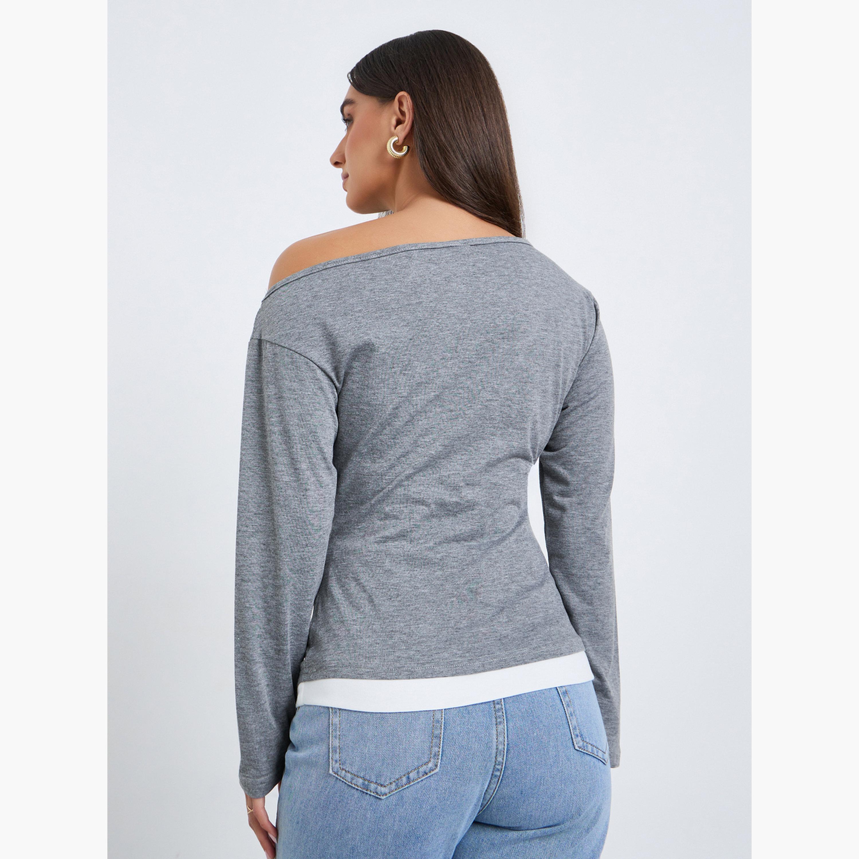 Styli Women Grey Off-Shoulder Long Sleeve Top-women-clothing-tshirts-image-5