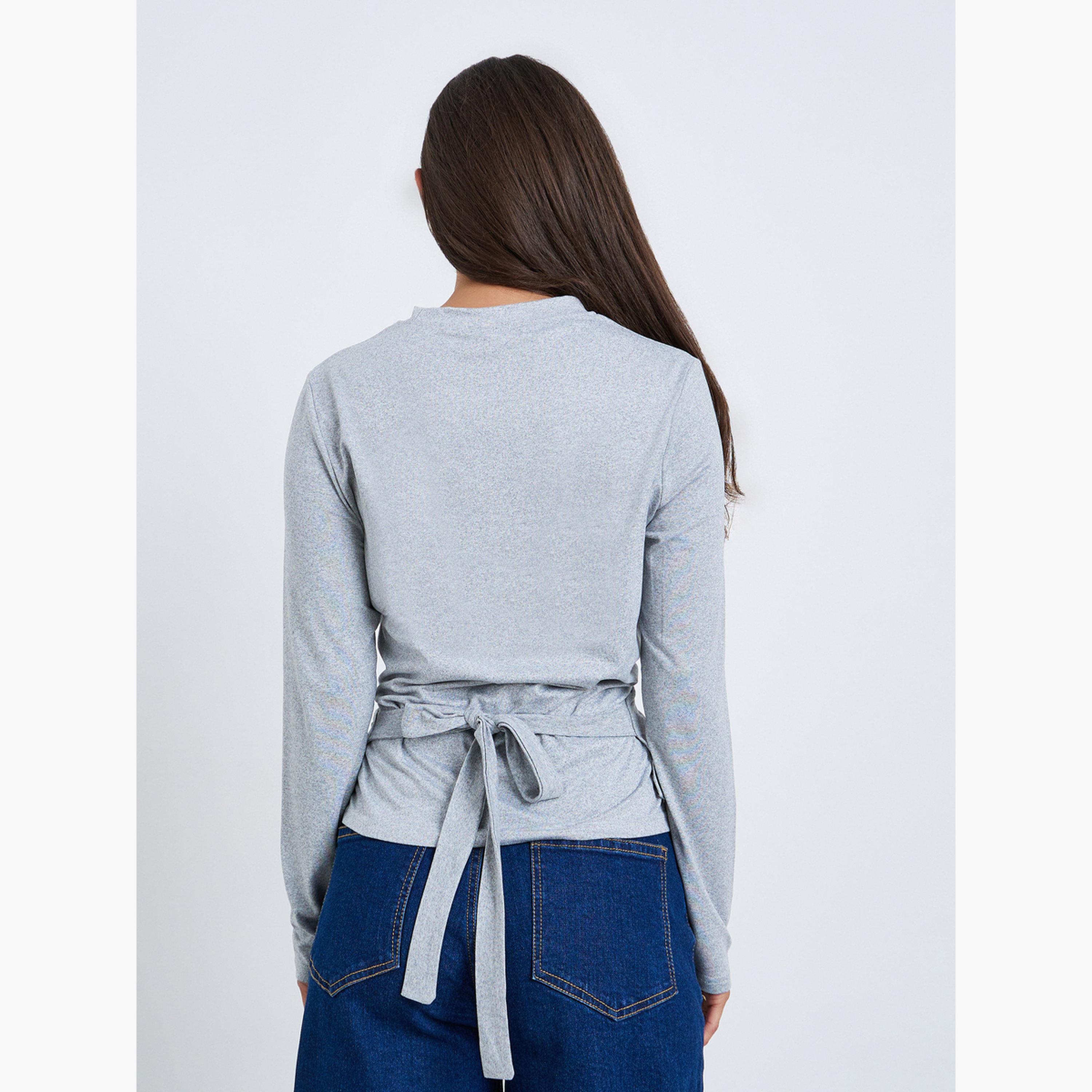 Styli Women Grey Long Sleeve Wrap Top-women-clothing-shirtsandblouses-blouses-image-4