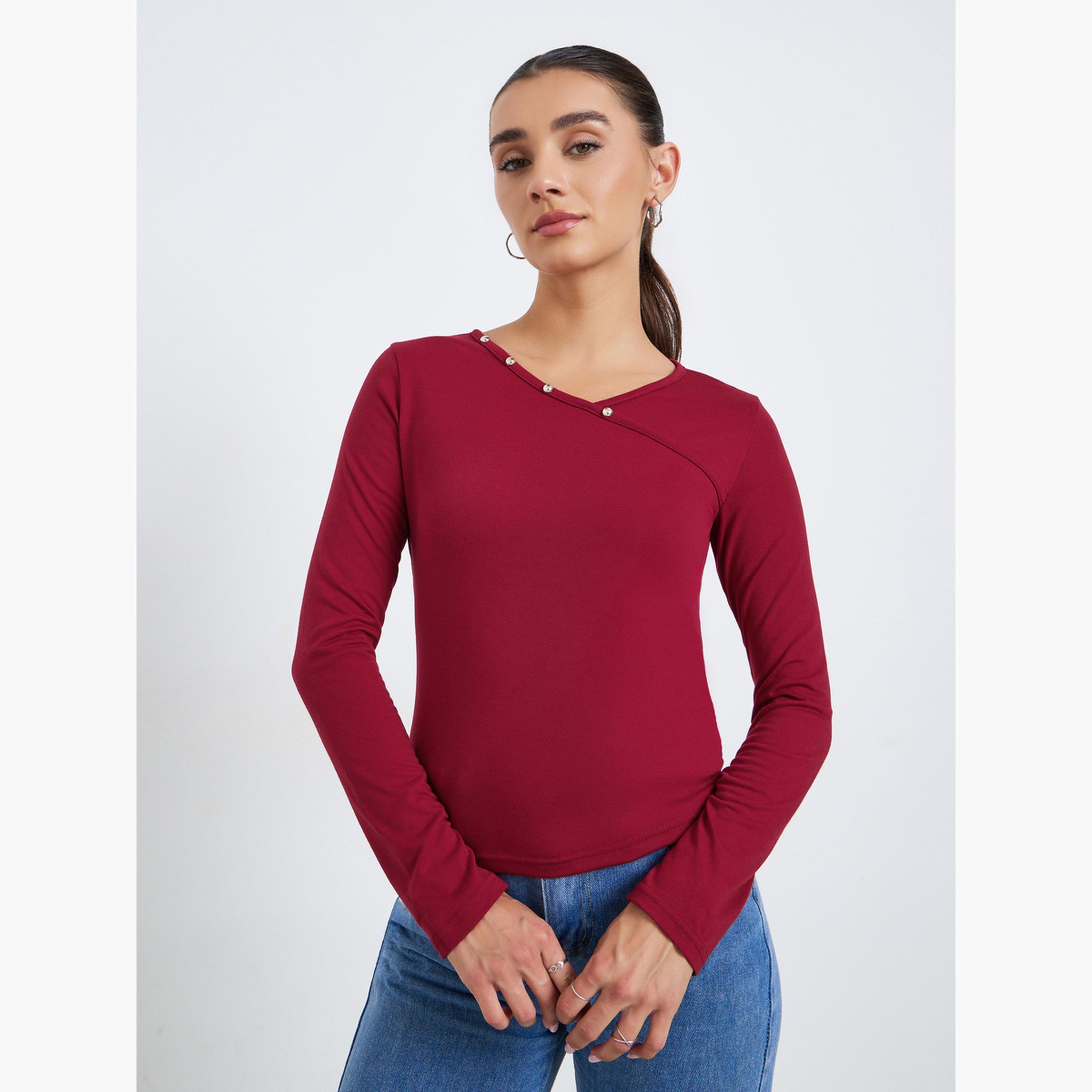 تيشيرت بقصة ضيقة بتفاصيل ترصيع-women-clothing-tshirts-image-1