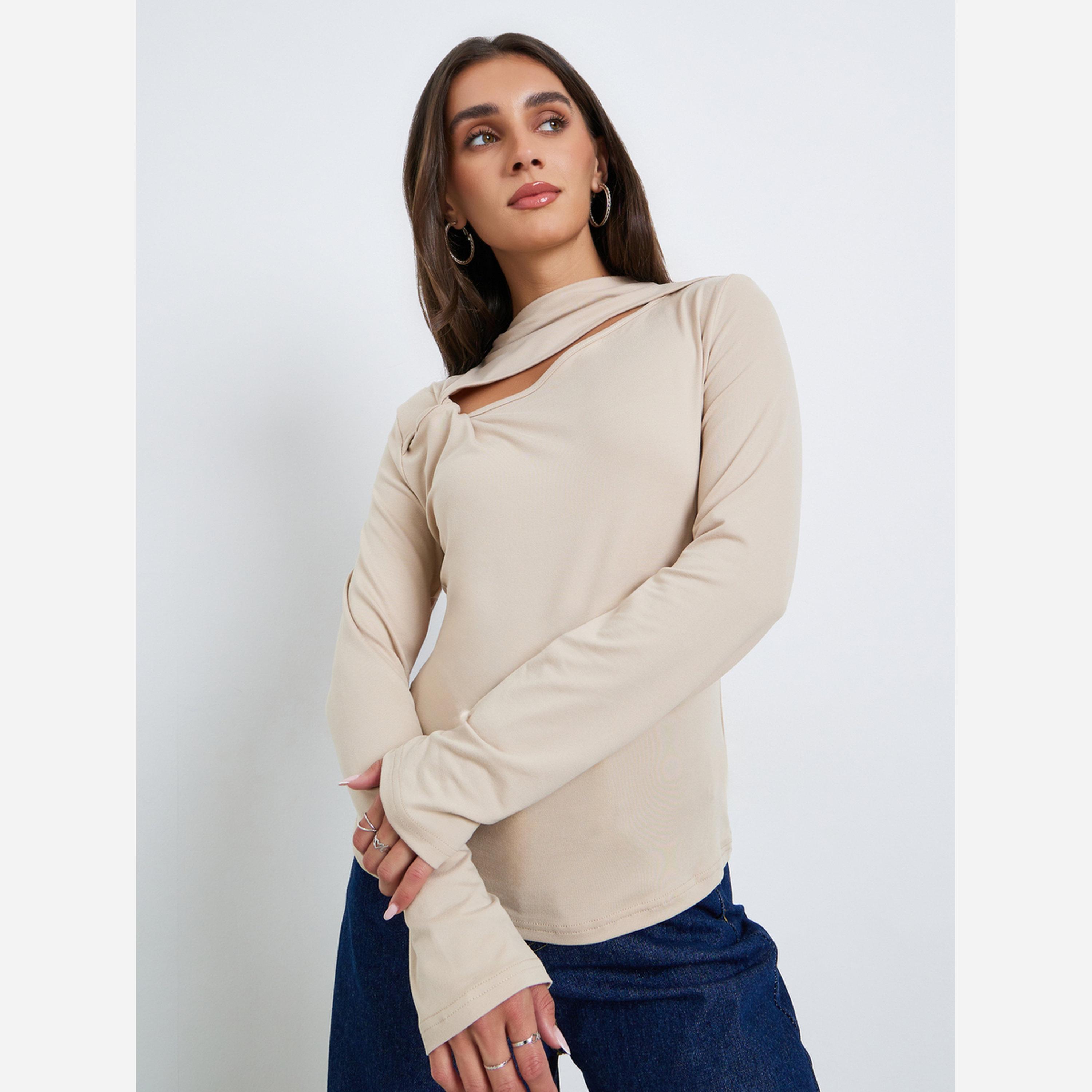 ستايلي - بلوزة للنساء لون بيج أكمام طويلة وفتحات-women-clothing-shirtsandblouses-blouses-image-1