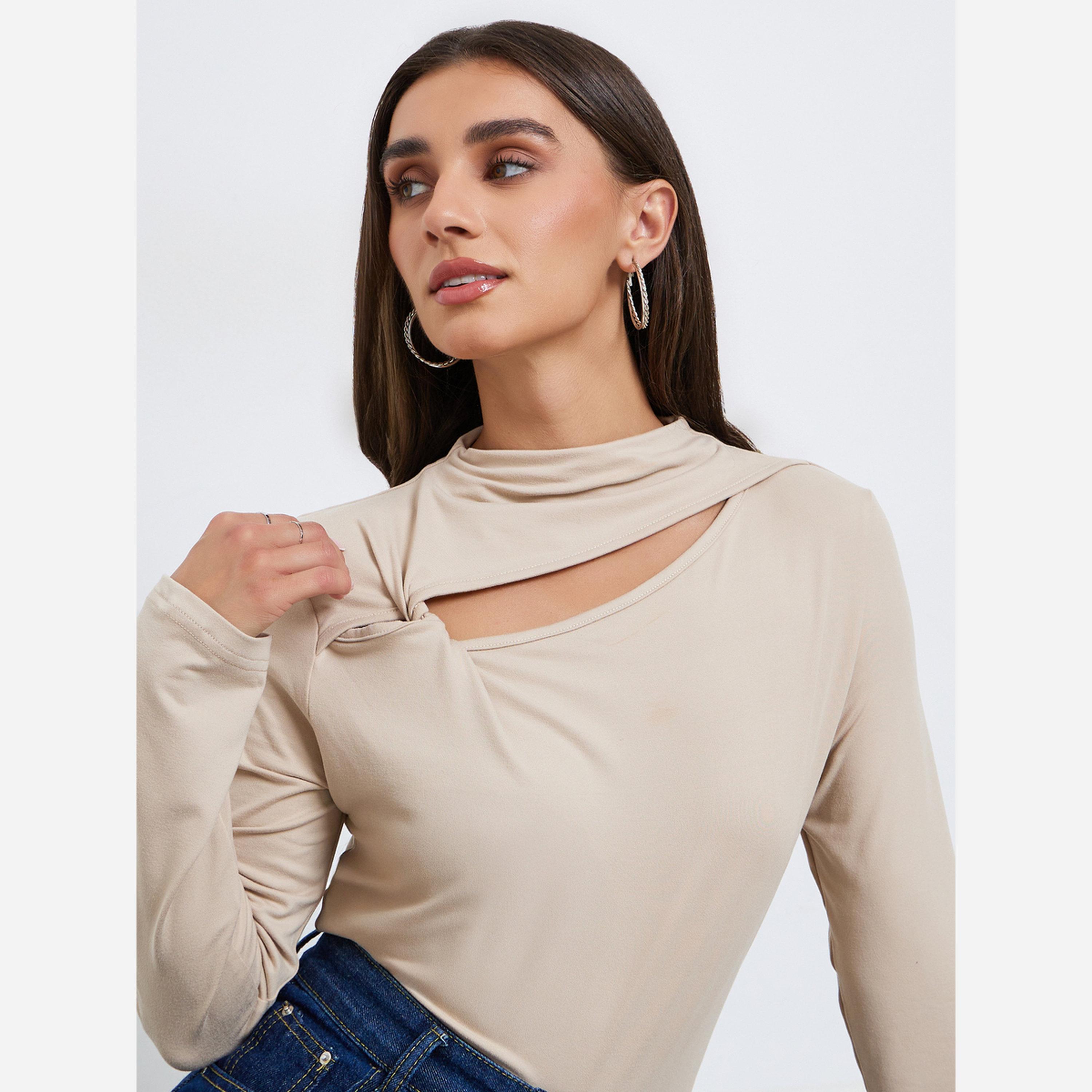 ستايلي - بلوزة للنساء لون بيج أكمام طويلة وفتحات-women-clothing-shirtsandblouses-blouses-image-2