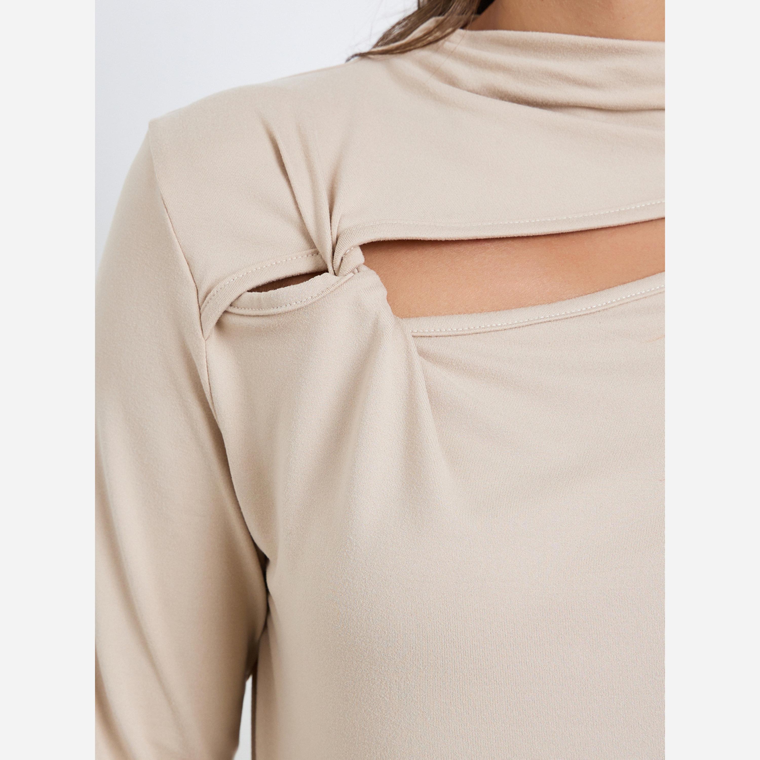 ستايلي - بلوزة للنساء لون بيج أكمام طويلة وفتحات-women-clothing-shirtsandblouses-blouses-image-4