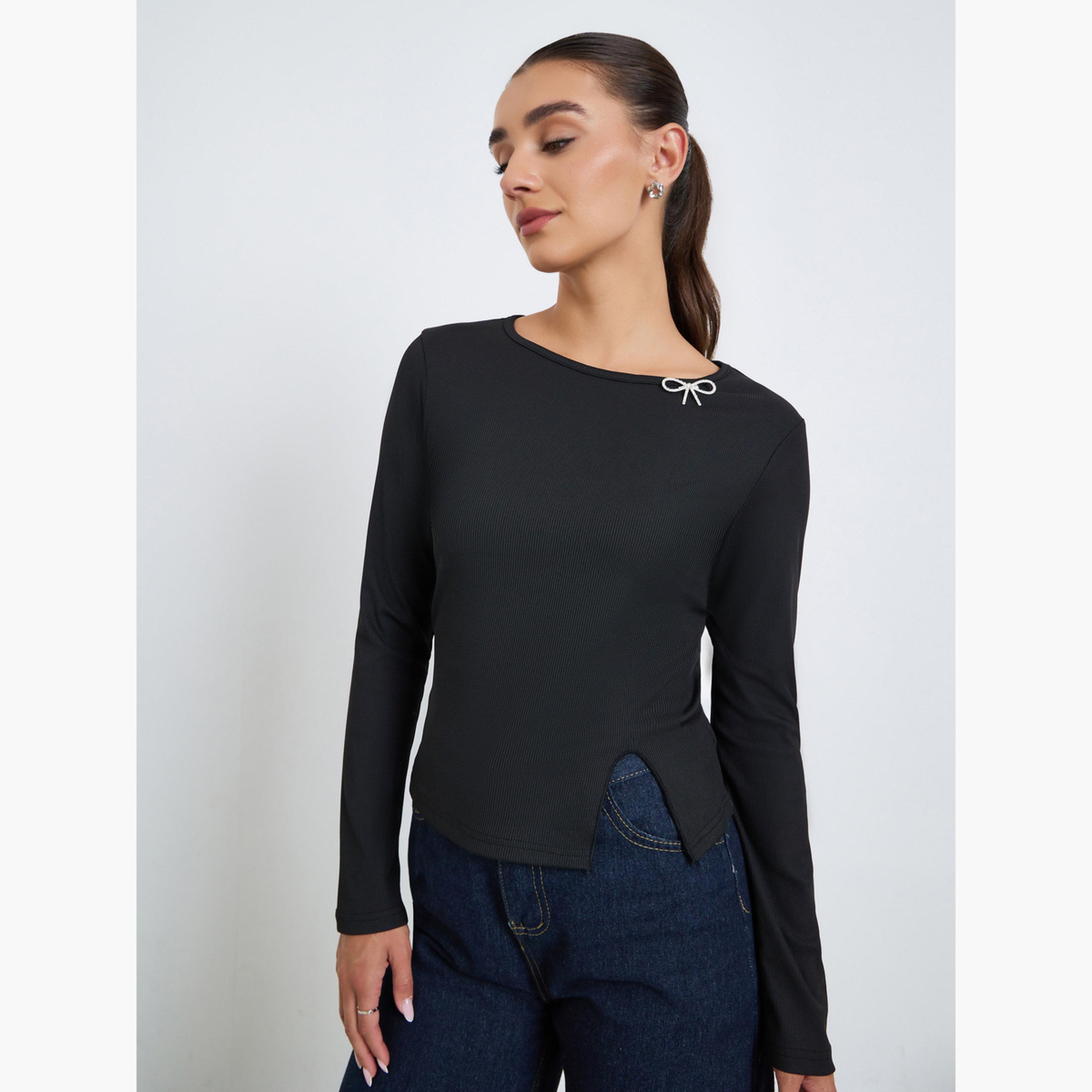 Styli Women Black Ribbed Long Sleeve T-Shirt-women-clothing-tshirts-image-1