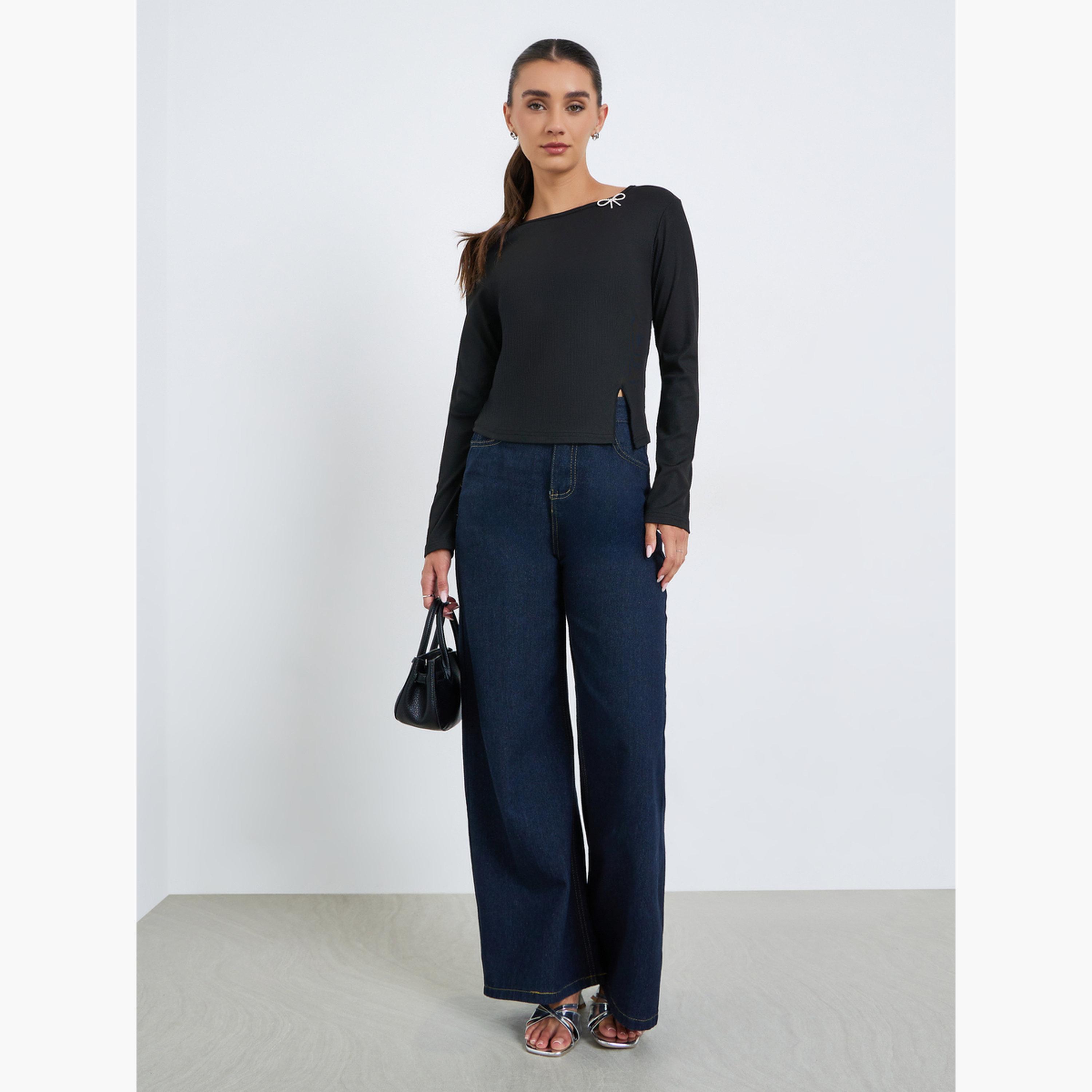 Styli Women Black Ribbed Long Sleeve T-Shirt-women-clothing-tshirts-image-2