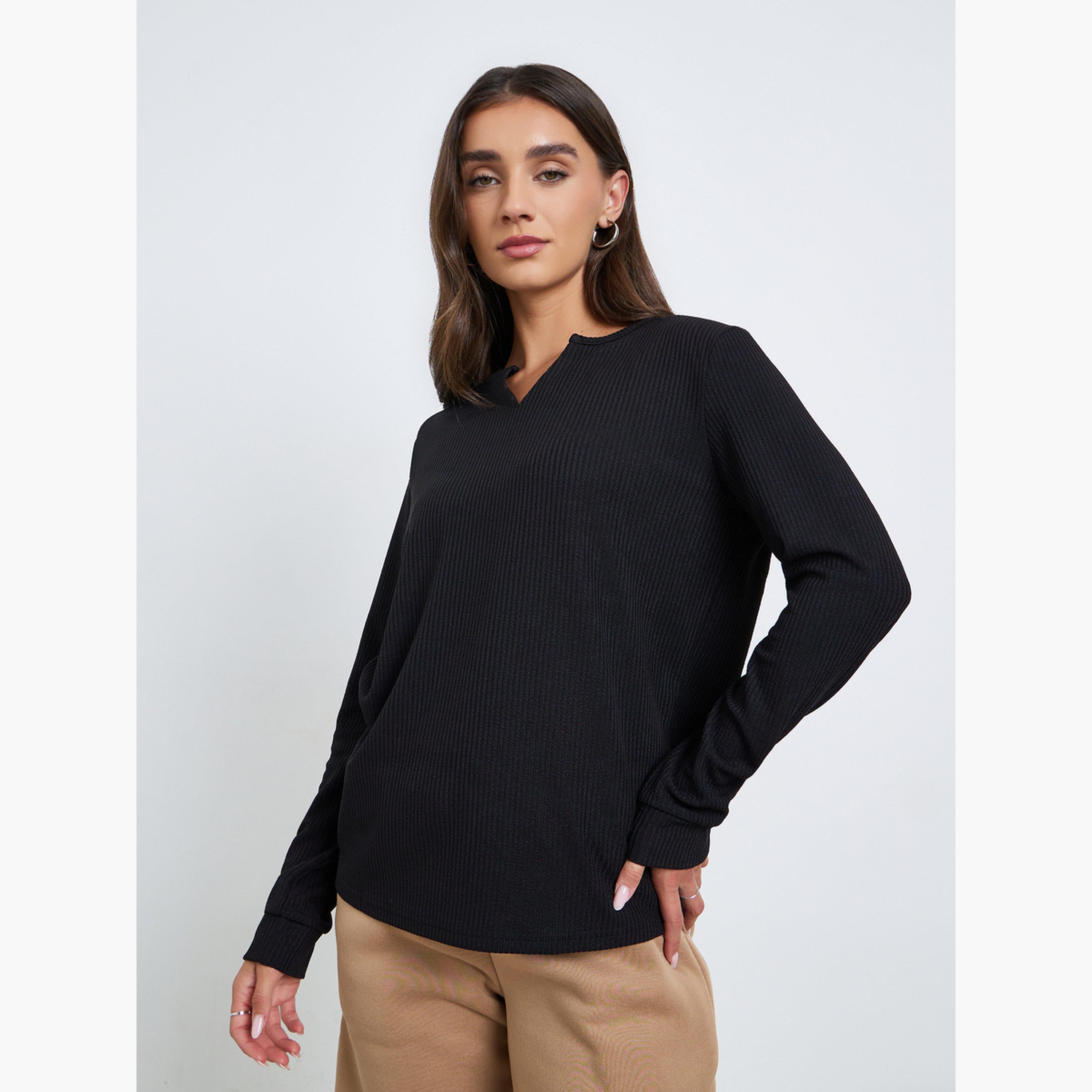Styli Women Black Textured Knit Long Sleeve T-Shirt-women-clothing-tshirts-image-1