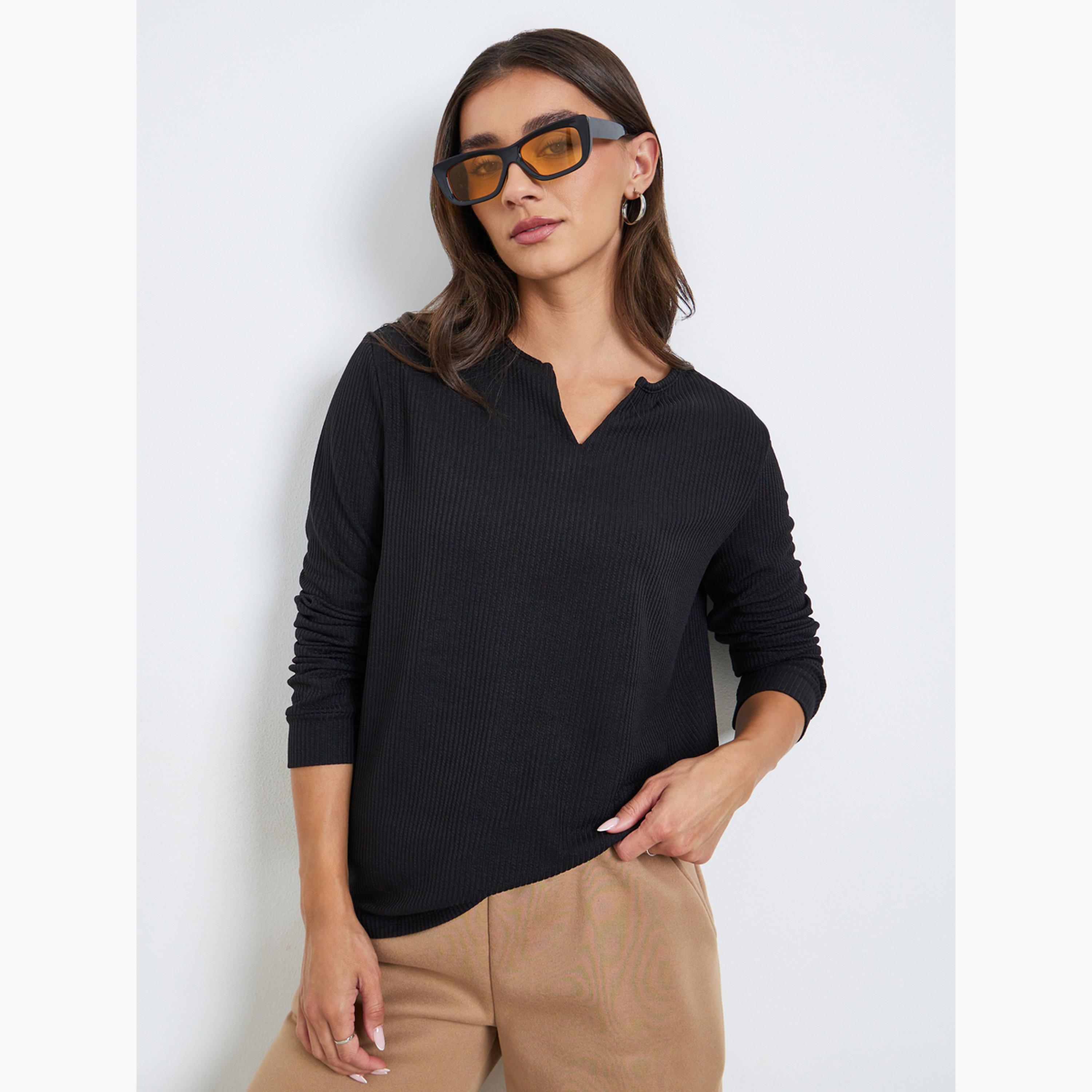 Styli Women Black Textured Knit Long Sleeve T-Shirt-women-clothing-tshirts-image-3