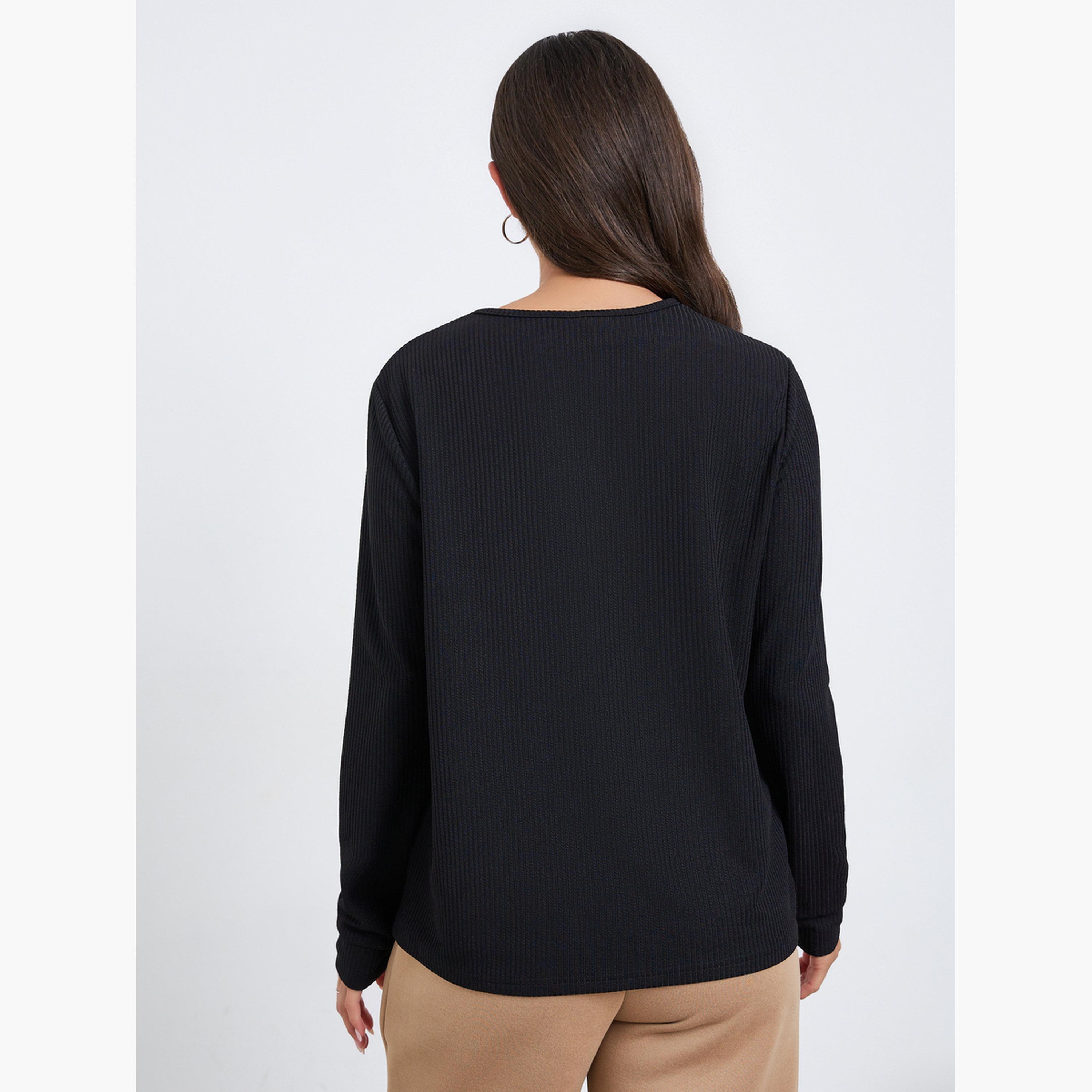 Styli Women Black Textured Knit Long Sleeve T-Shirt-women-clothing-tshirts-image-5