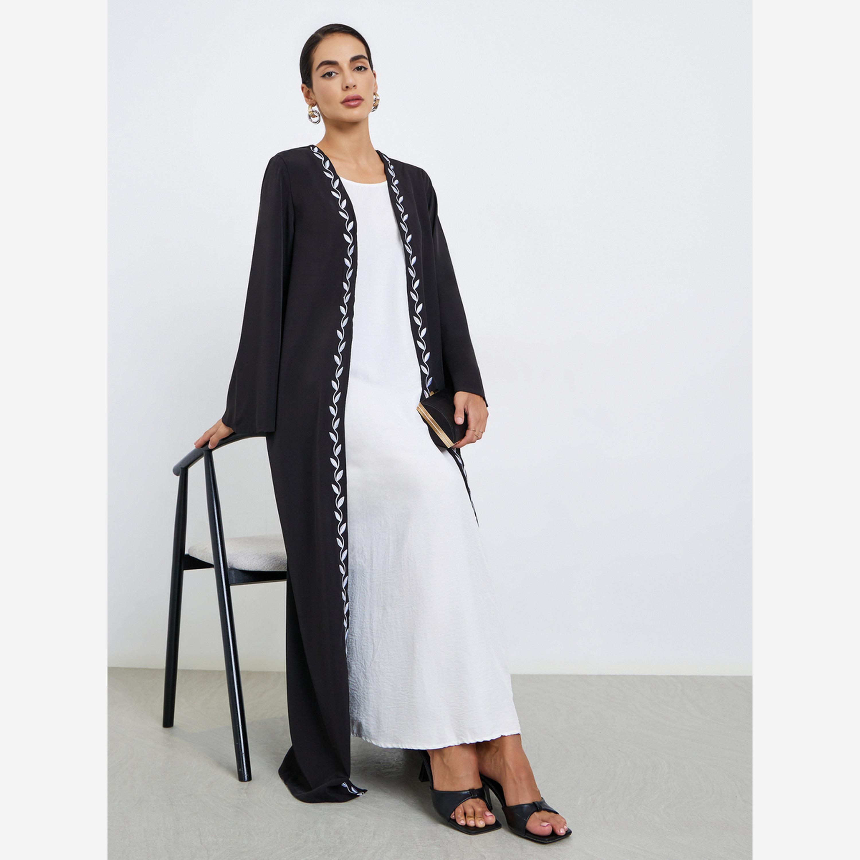 Styli Leaf Embroidery Front Open Abaya-women-arabicclothing-abayas-image-1