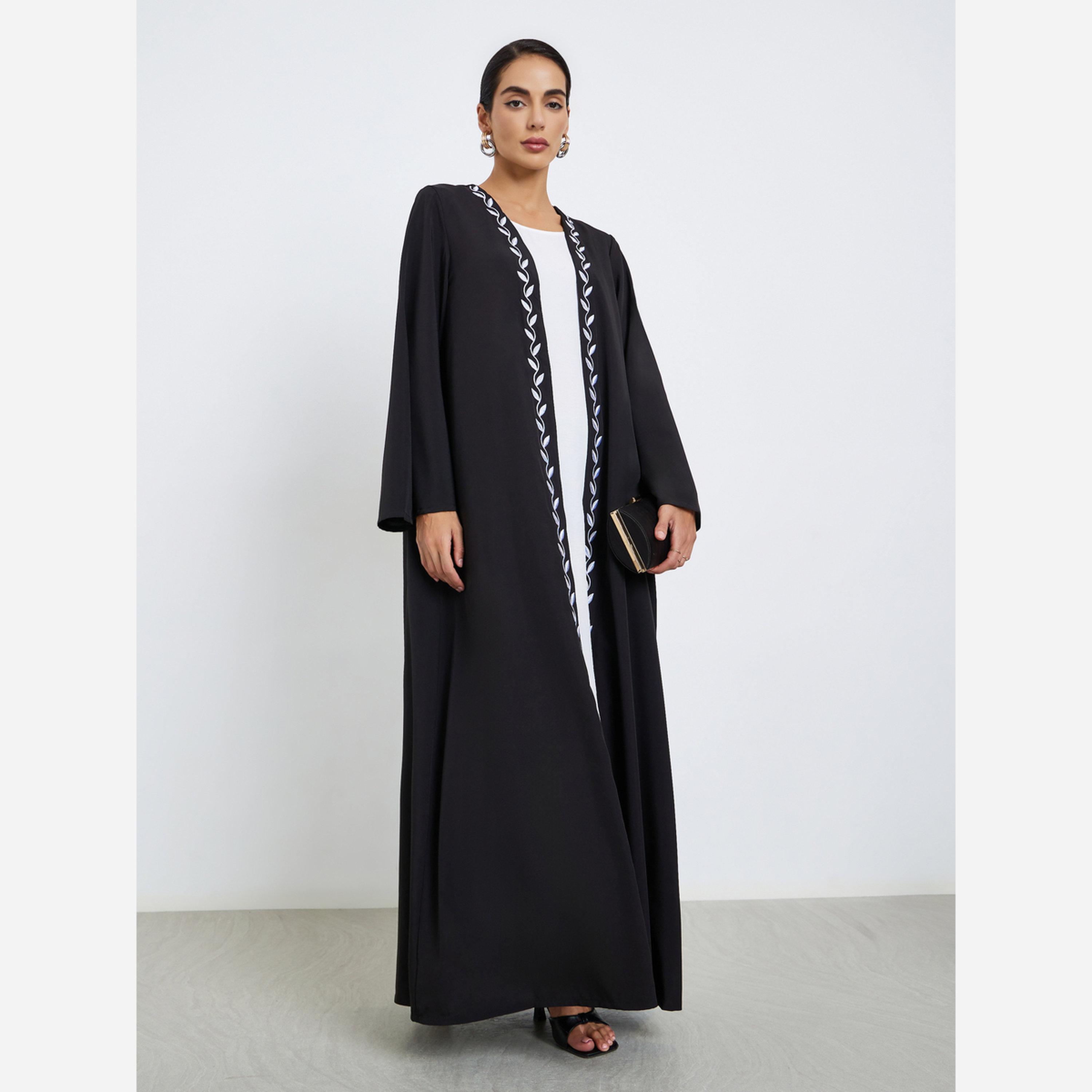 Styli Leaf Embroidery Front Open Abaya-women-arabicclothing-abayas-image-2