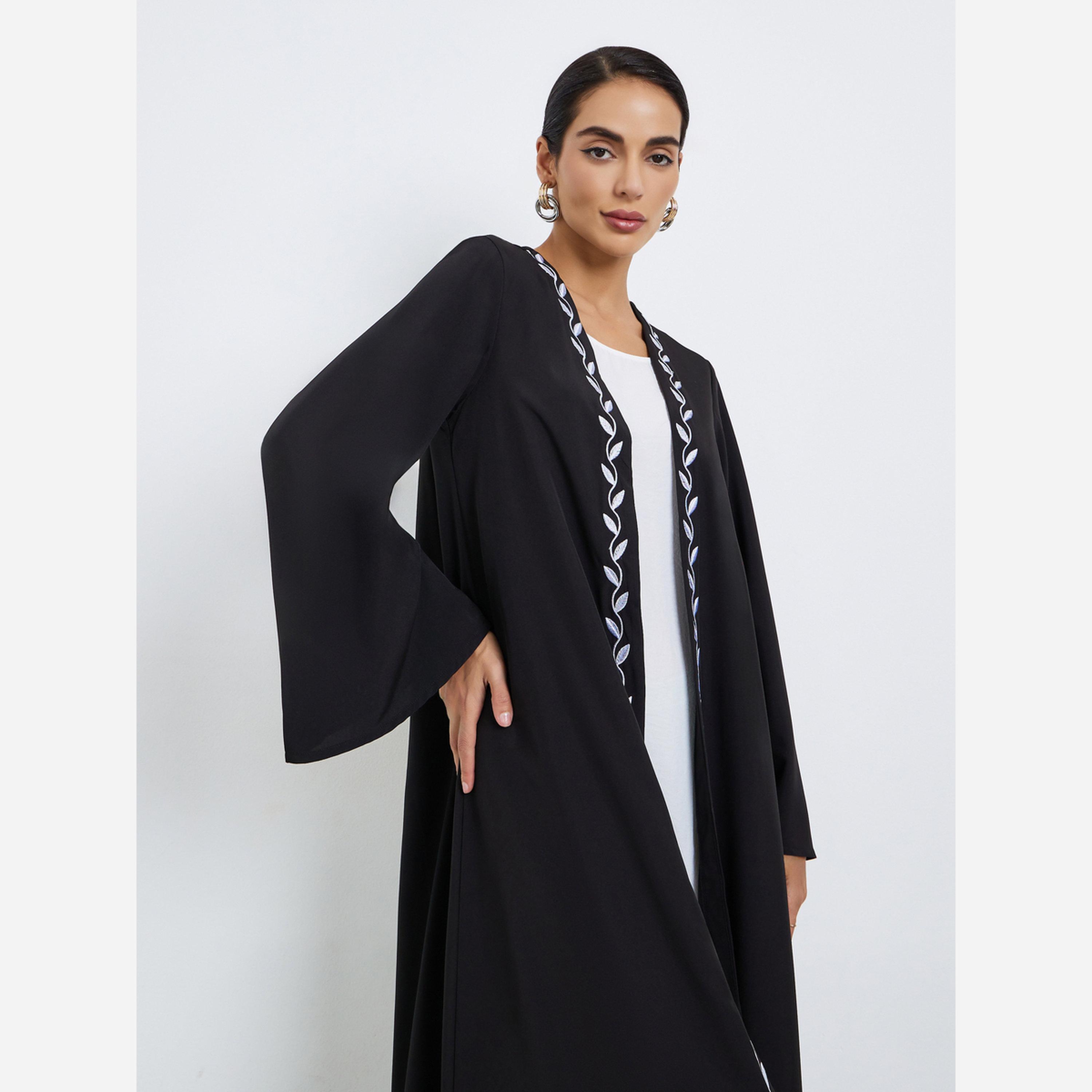 Styli Leaf Embroidery Front Open Abaya-women-arabicclothing-abayas-image-3