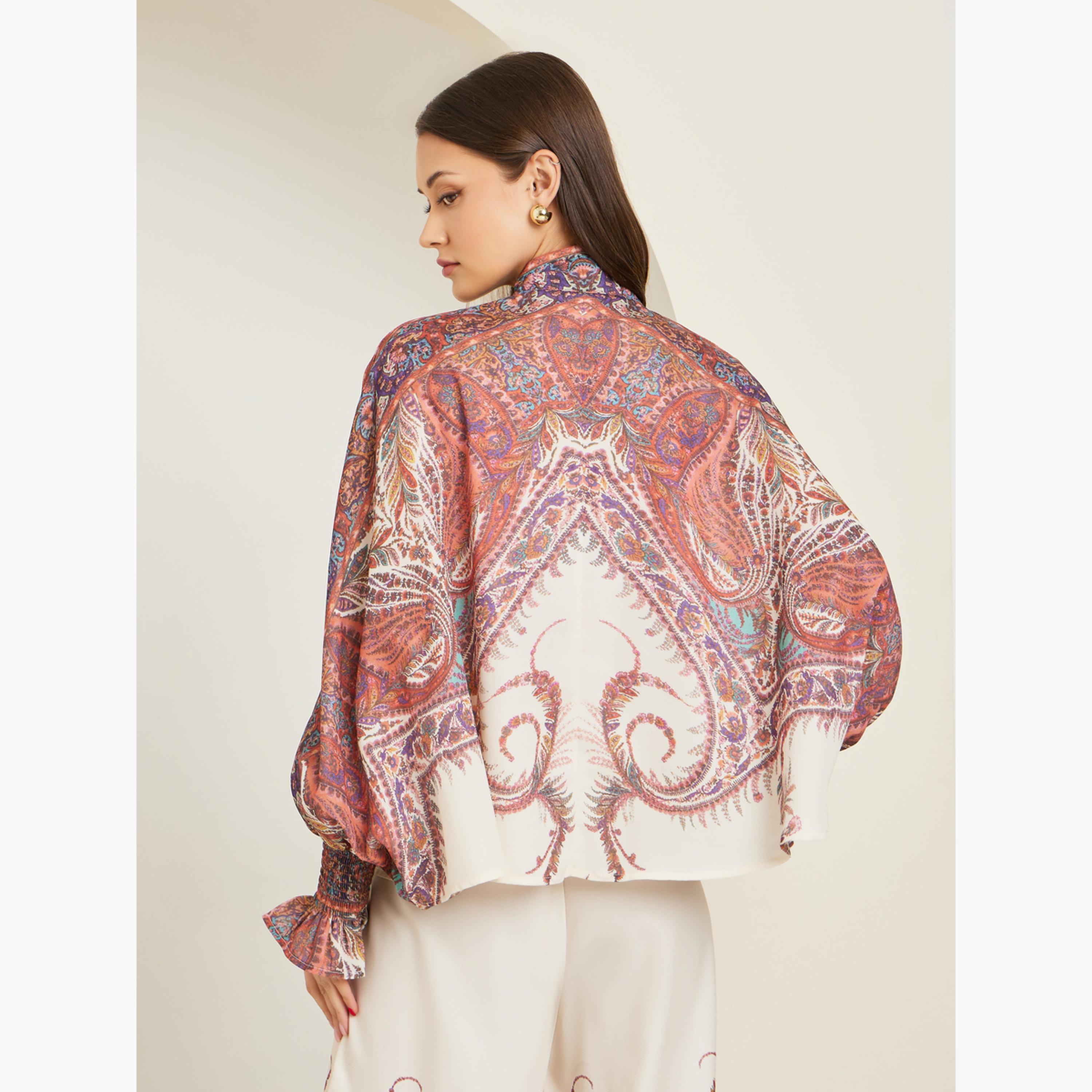 بلوزة بنمط كيب وطبعة بيزلي مع ياقة بأربطة-women-clothing-shirtsandblouses-blouses-image-4