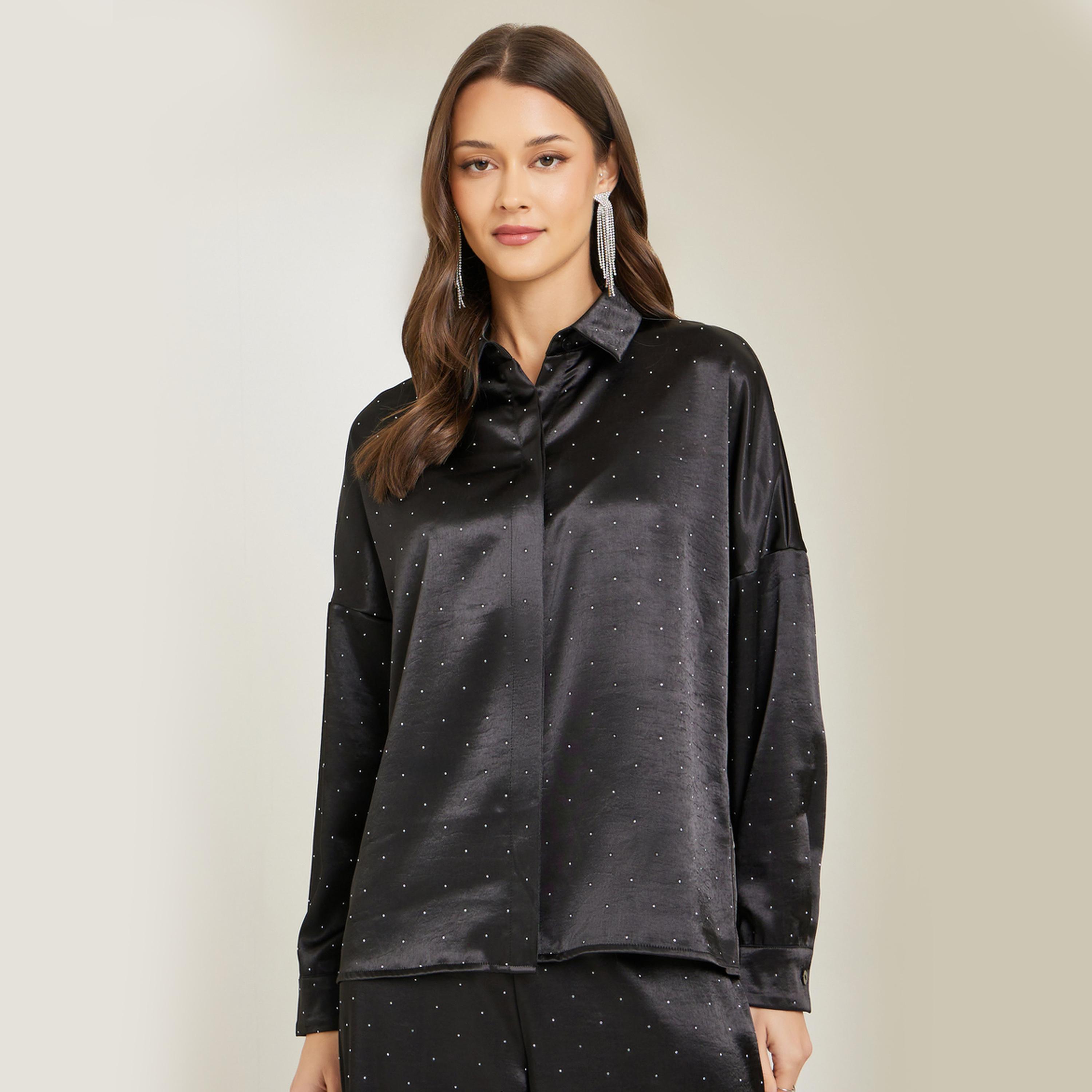 Styli Women Black Satin Embellished Shirt-women-clothing-shirtsandblouses-shirts-image-1