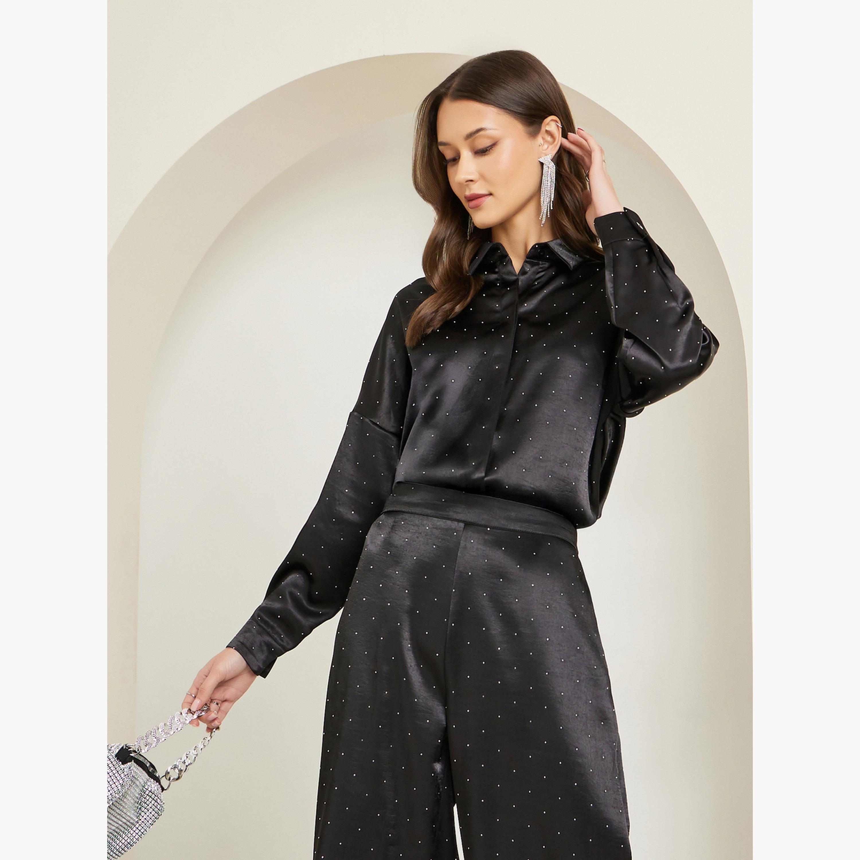 Styli Women Black Satin Embellished Shirt-women-clothing-shirtsandblouses-shirts-image-3