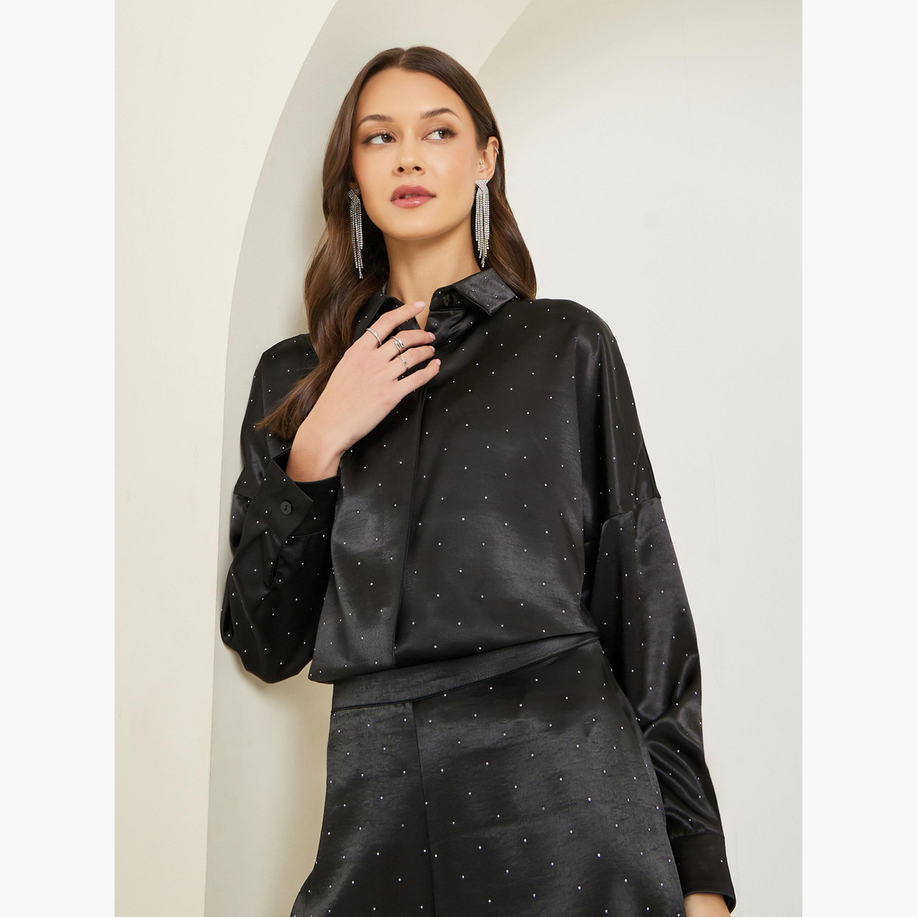 Styli Women Black Satin Embellished Shirt-women-clothing-shirtsandblouses-shirts-image-4