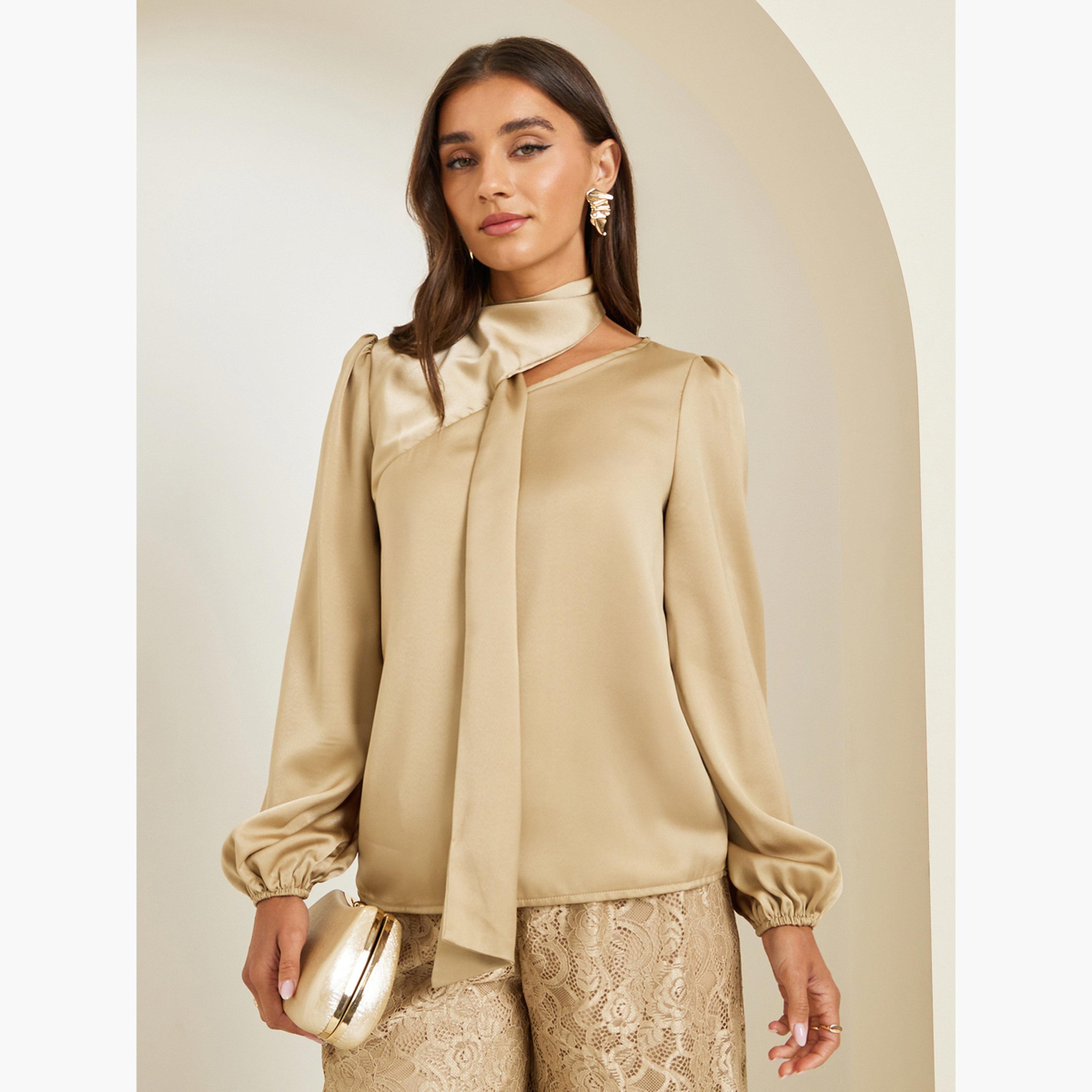 Styli Beige Tie-Neck Satin Blouse-women-clothing-shirtsandblouses-blouses-image-1