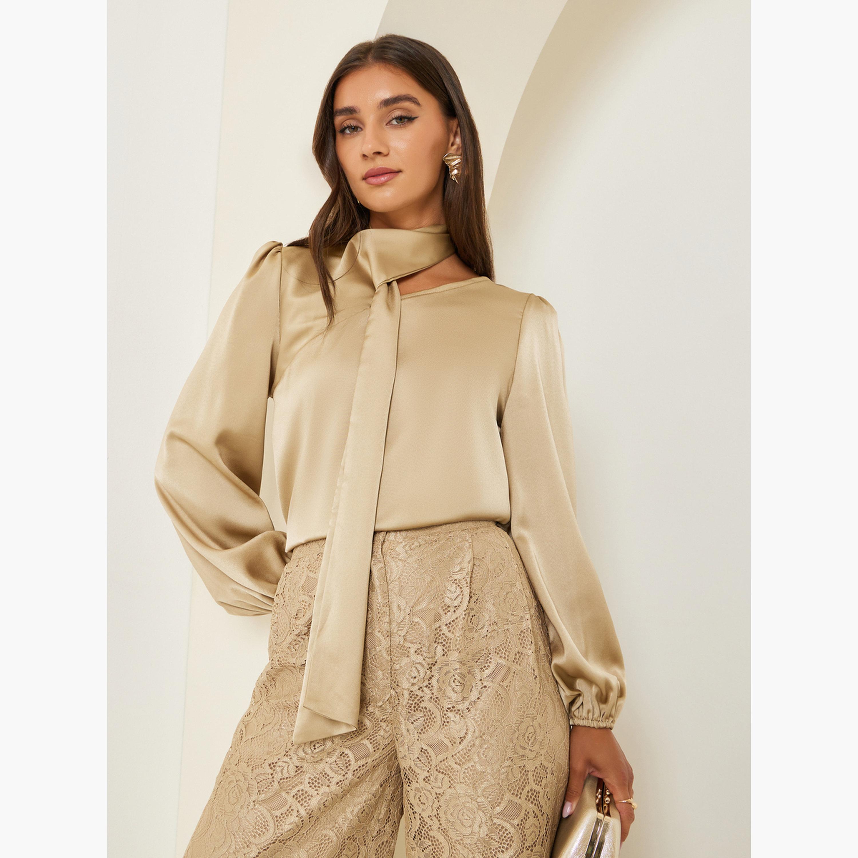 Styli Beige Tie-Neck Satin Blouse-women-clothing-shirtsandblouses-blouses-image-2