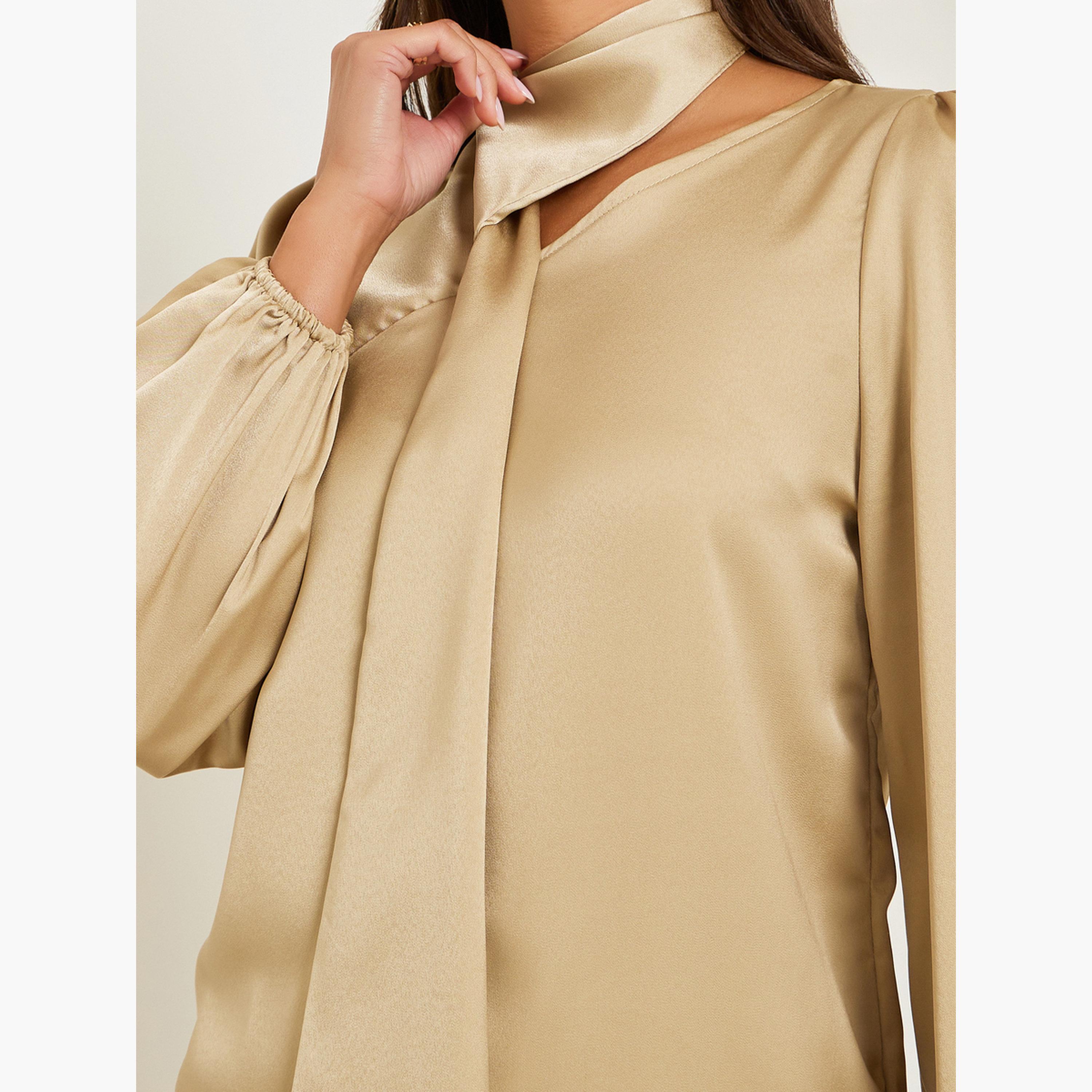 Styli Beige Tie-Neck Satin Blouse-women-clothing-shirtsandblouses-blouses-image-4