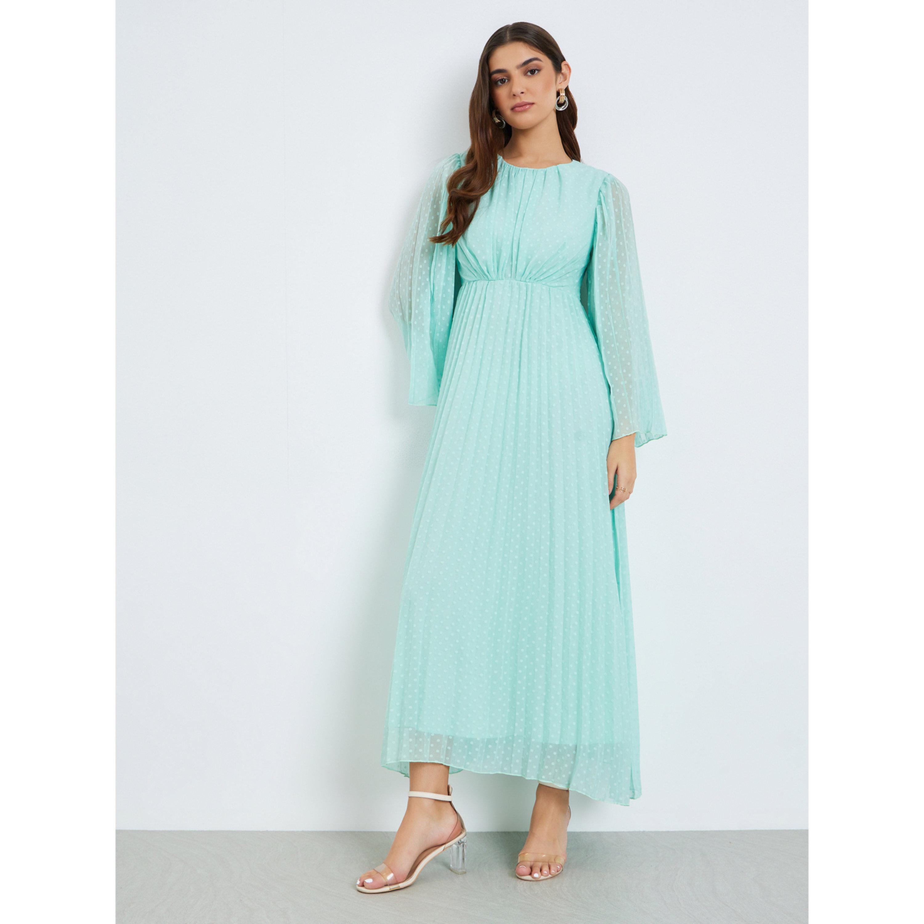 Styli Women Green Dobby Fabric A-Line Maxi Dress-women-clothing-dresses-image-3