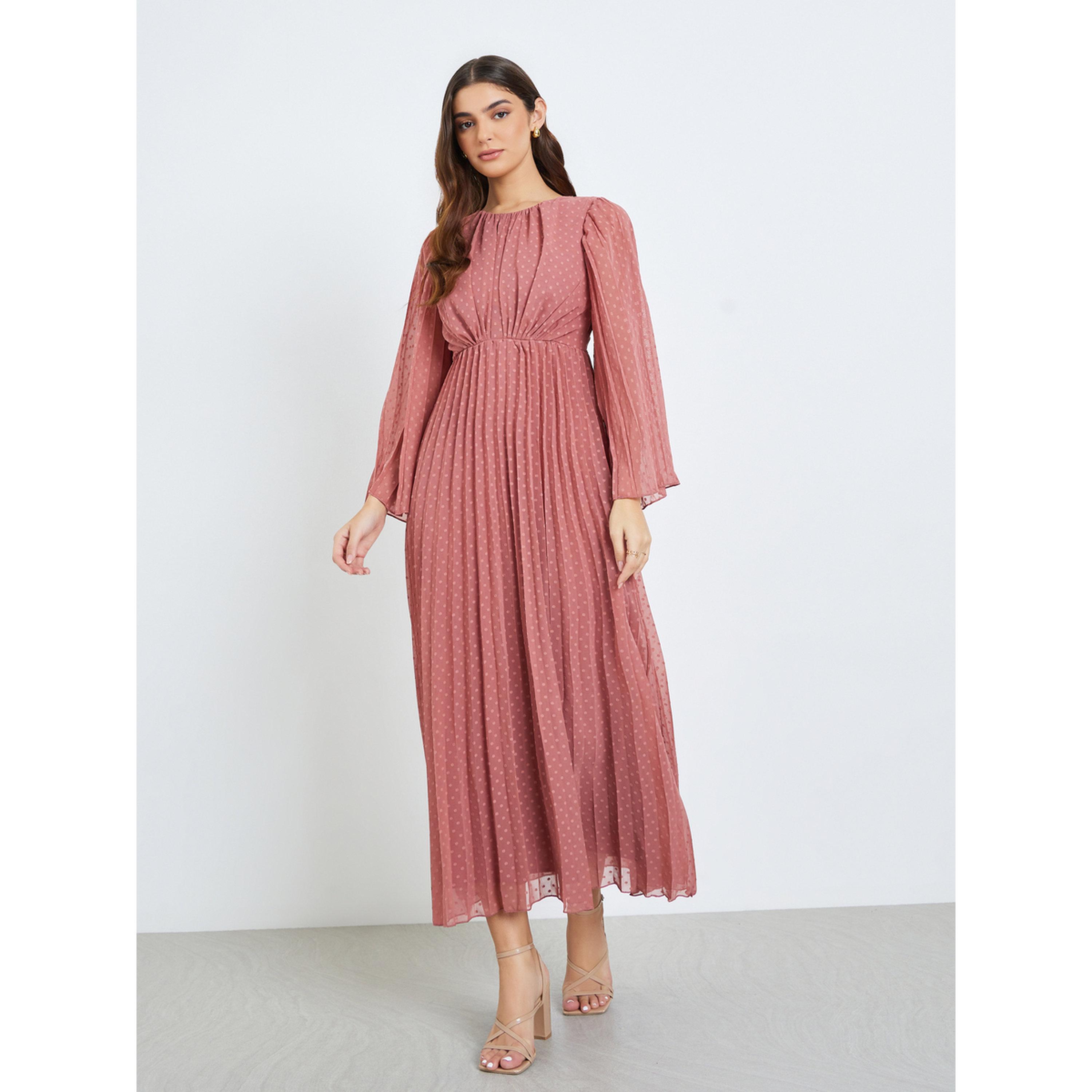 فستان طويل بقماش منسوج وحافة واسعة-women-clothing-dresses-image-1