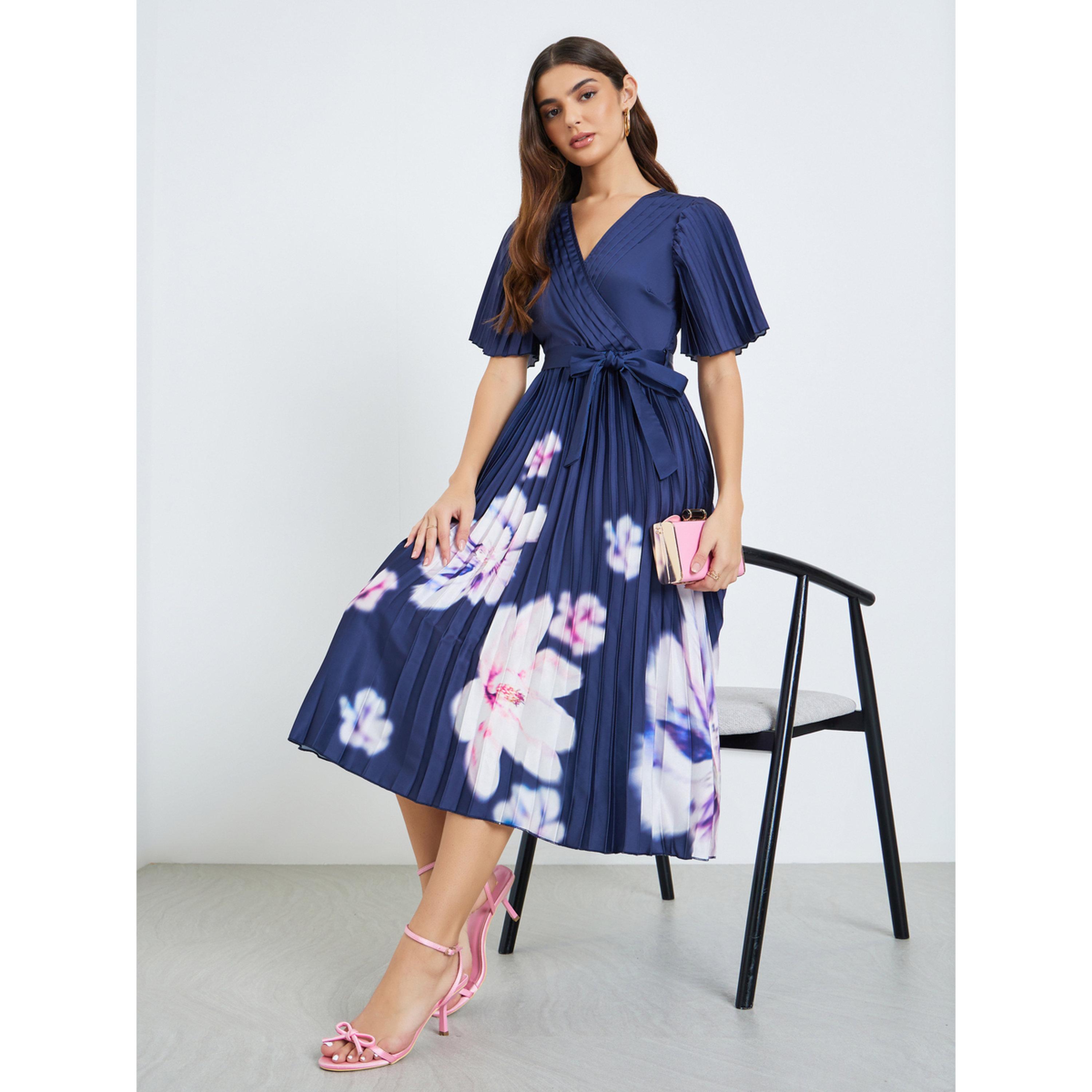 فستان ميدي نسائي لف مكسر بنقشة زهور-women-clothing-dresses-image-2