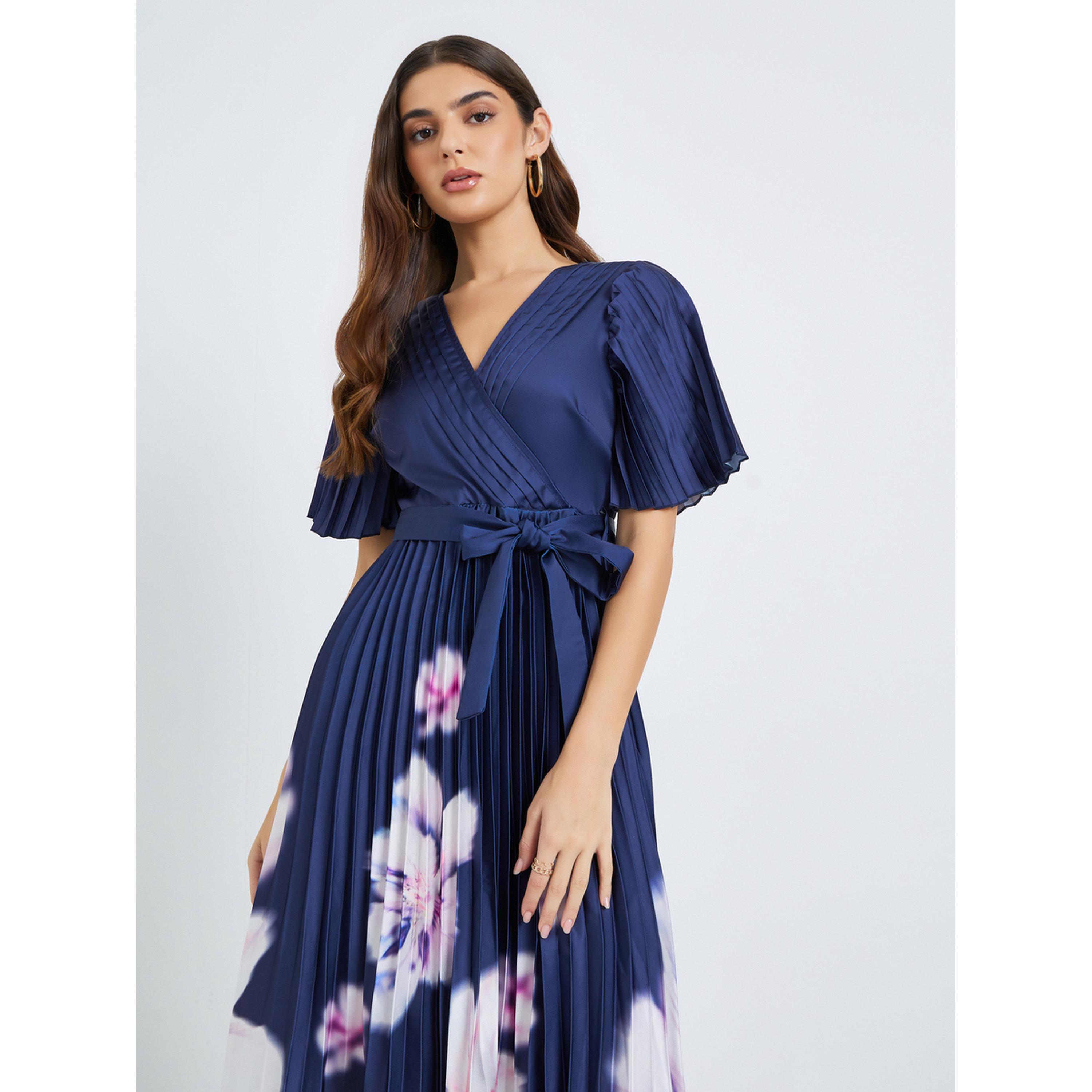 Styli Women Navy Blue Floral Pleated Wrap Midi Dress-women-clothing-dresses-image-3
