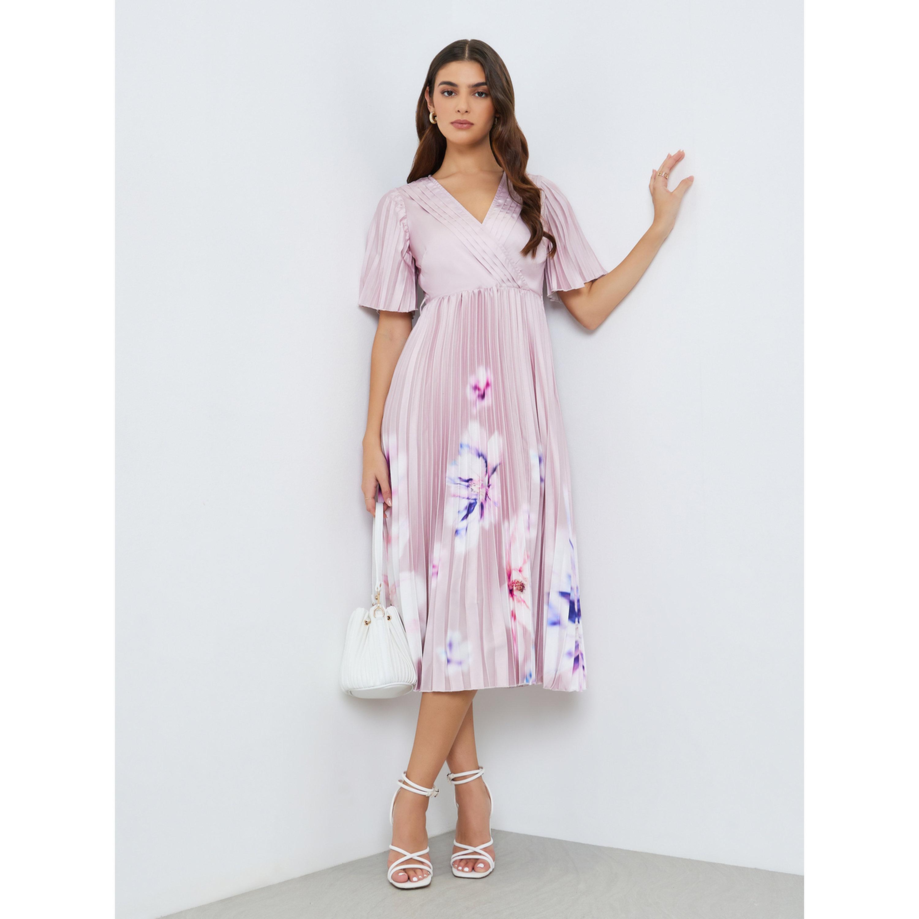 فستان ميدي نسائي لف مكسر بنقشة زهور-women-clothing-dresses-image-1
