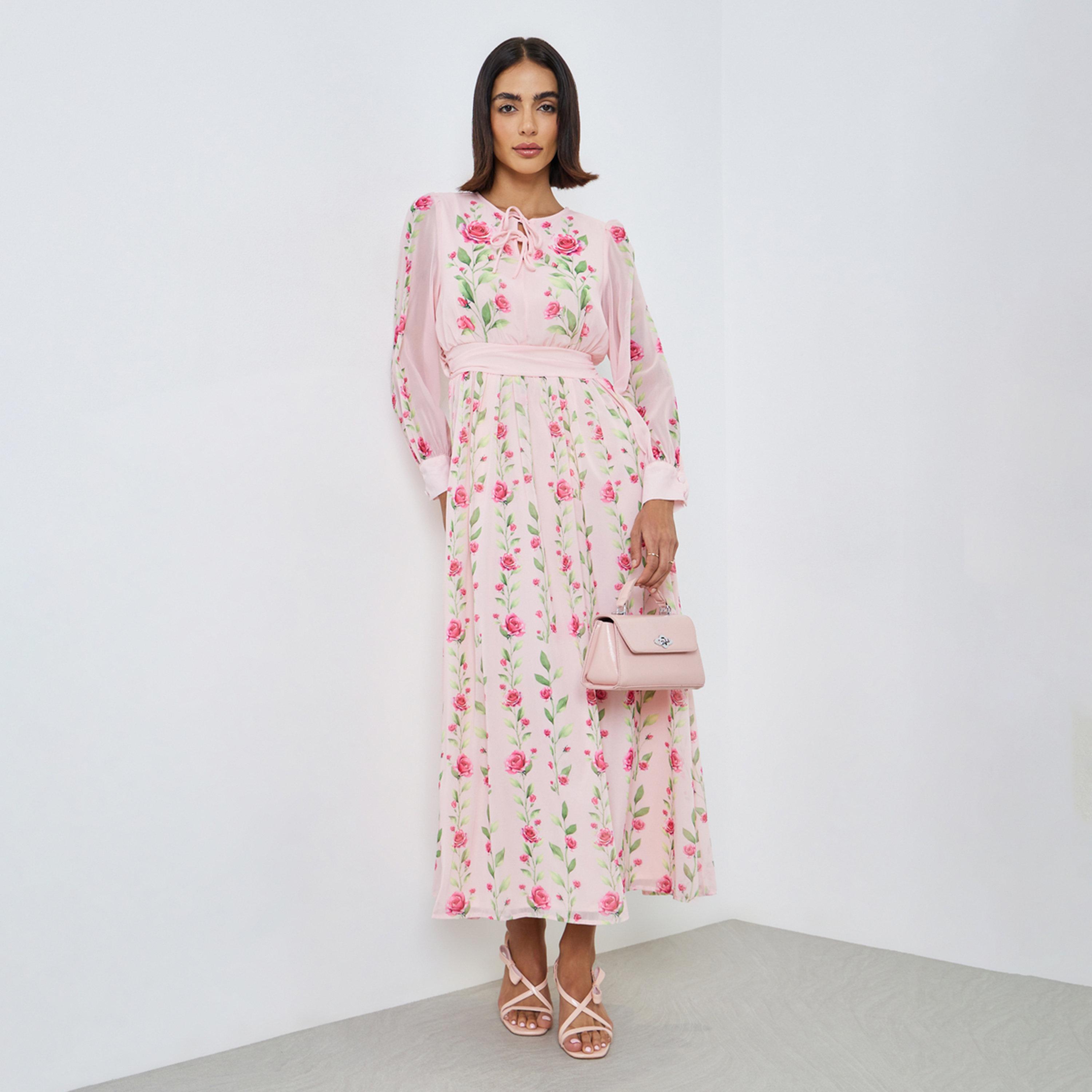 Styli Pink Floral Maxi Dress with Tie-Up Neck-women-clothing-dresses-image-1