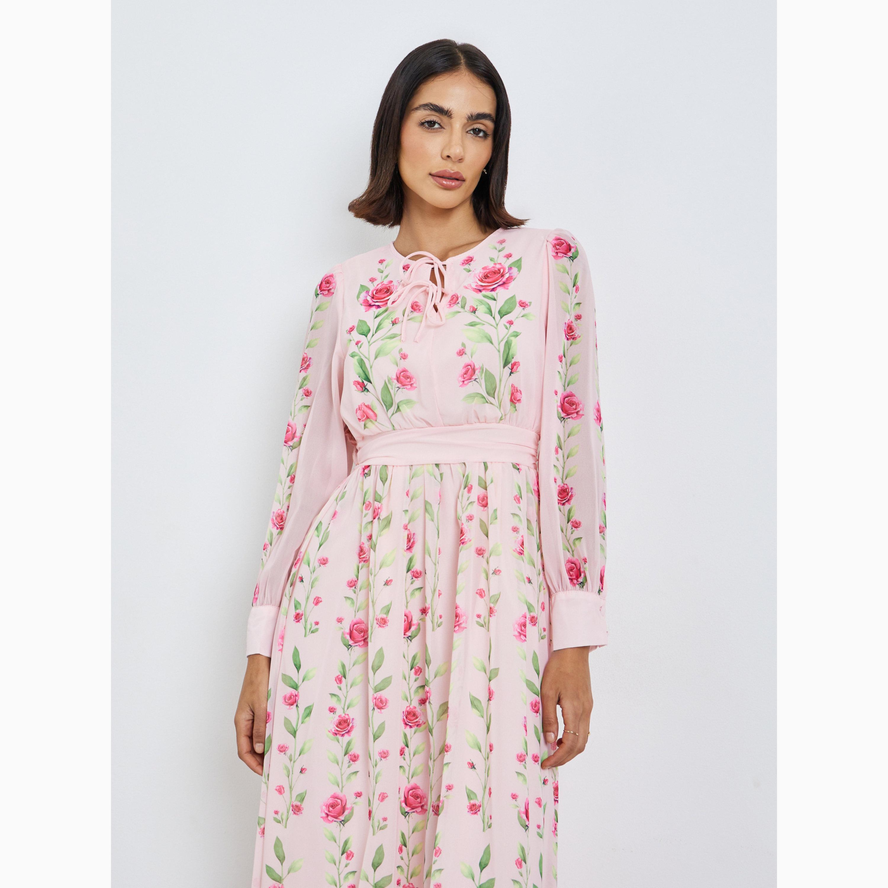Styli Pink Floral Maxi Dress with Tie-Up Neck-women-clothing-dresses-image-2