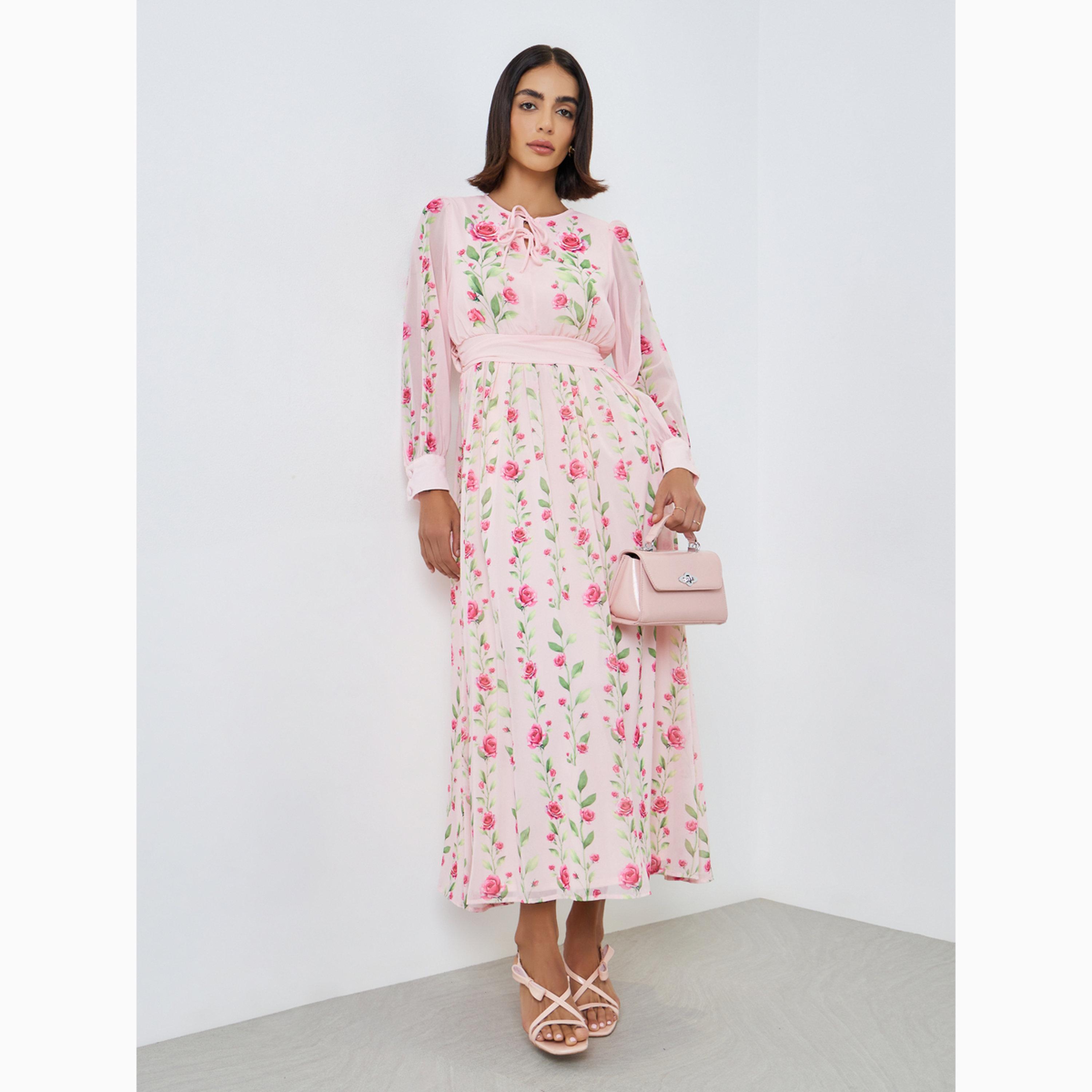 Styli Pink Floral Maxi Dress with Tie-Up Neck-women-clothing-dresses-image-3