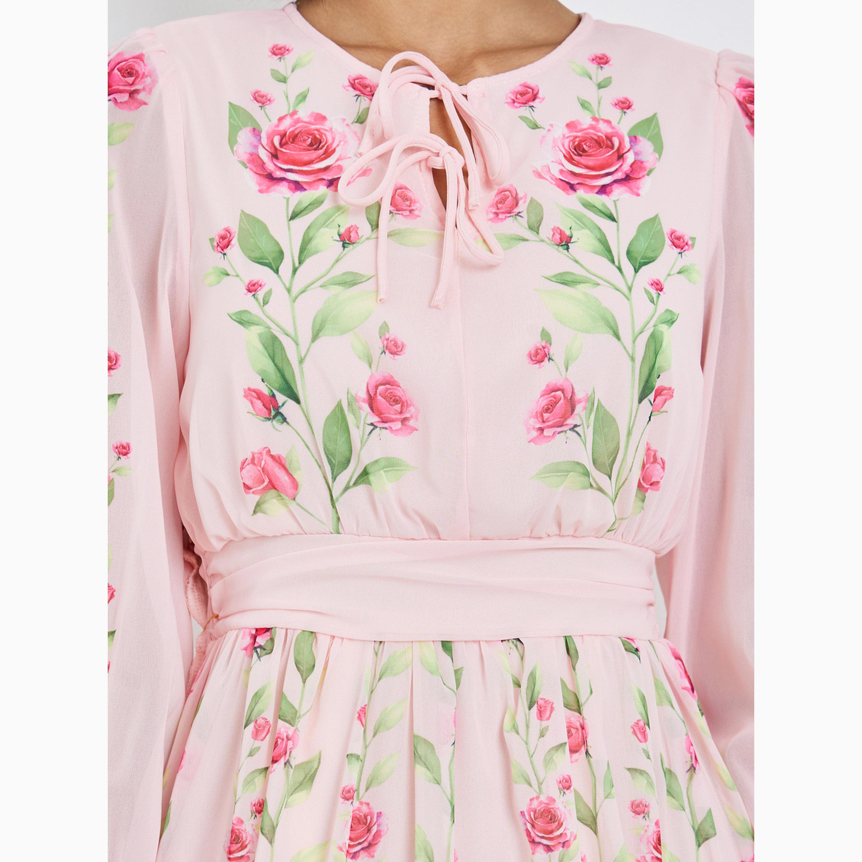 Styli Pink Floral Maxi Dress with Tie-Up Neck-women-clothing-dresses-image-4