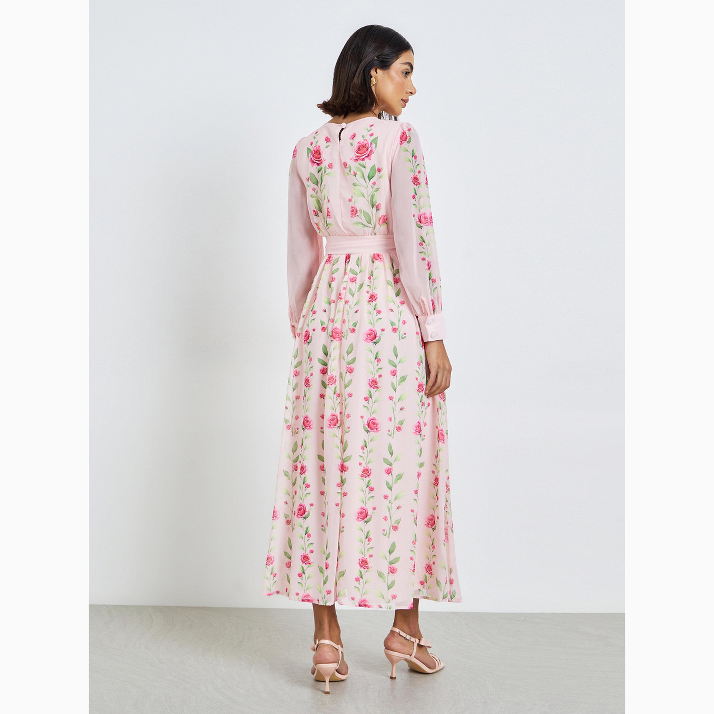 Styli Pink Floral Maxi Dress with Tie-Up Neck-women-clothing-dresses-image-5