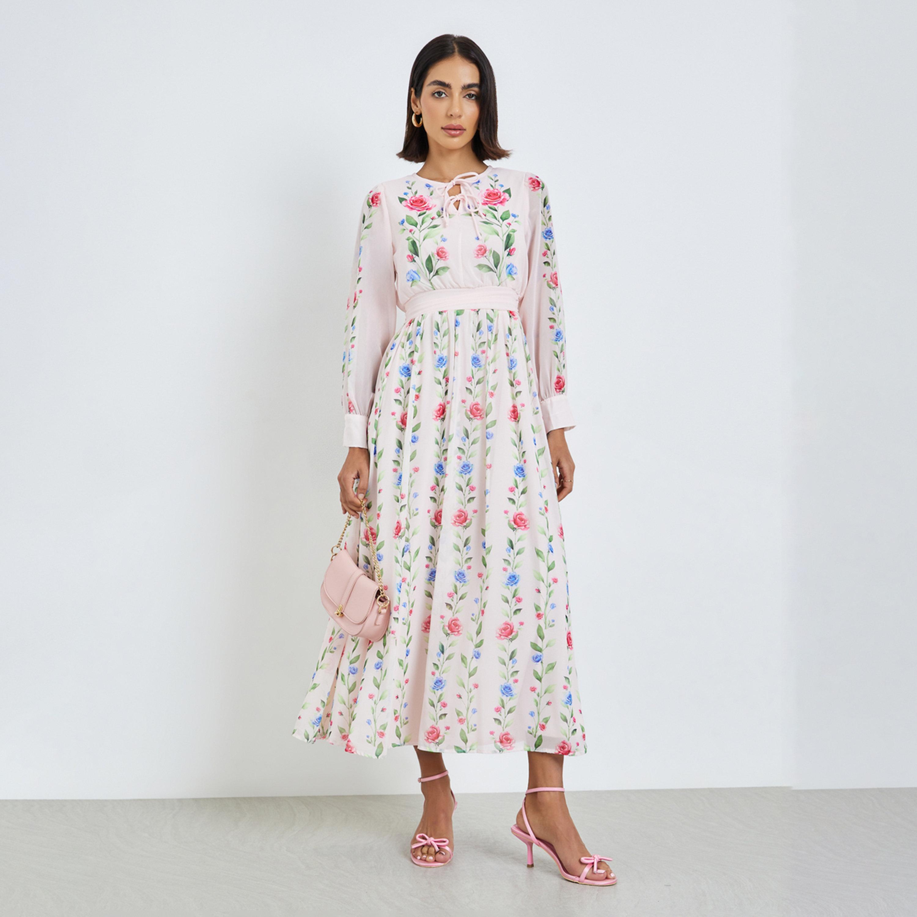 Styli Light Pink Floral Maxi Dress with Tie-Up Neck-women-clothing-dresses-image-1