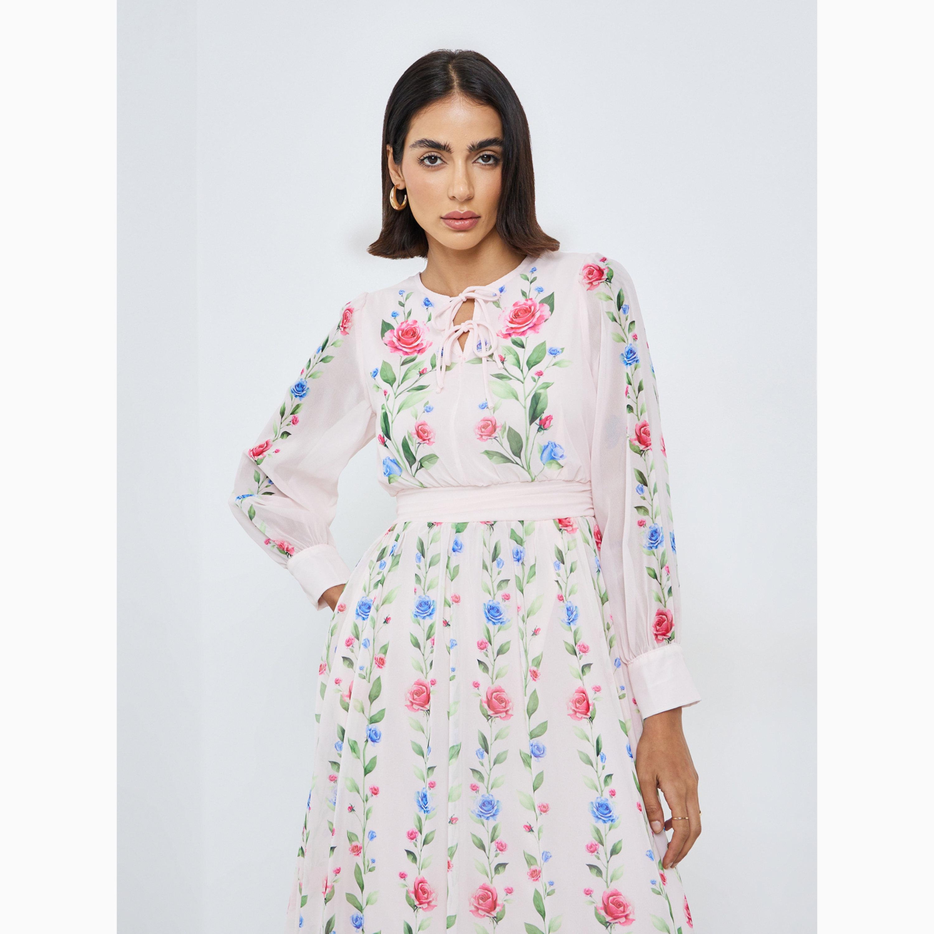 فستان طويل بنقشة زهور وربطة عنق-women-clothing-dresses-image-2