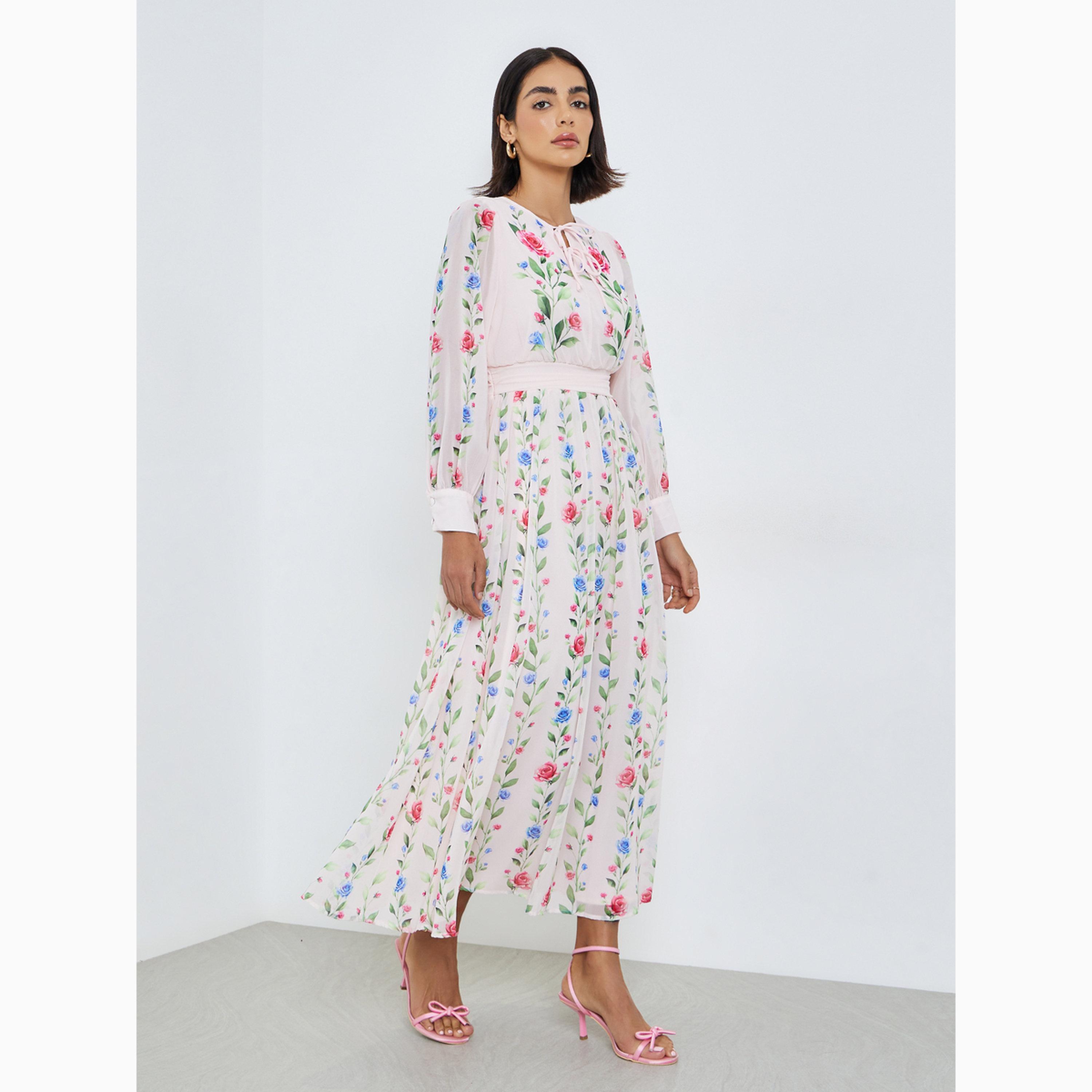 فستان طويل بنقشة زهور وربطة عنق-women-clothing-dresses-image-3