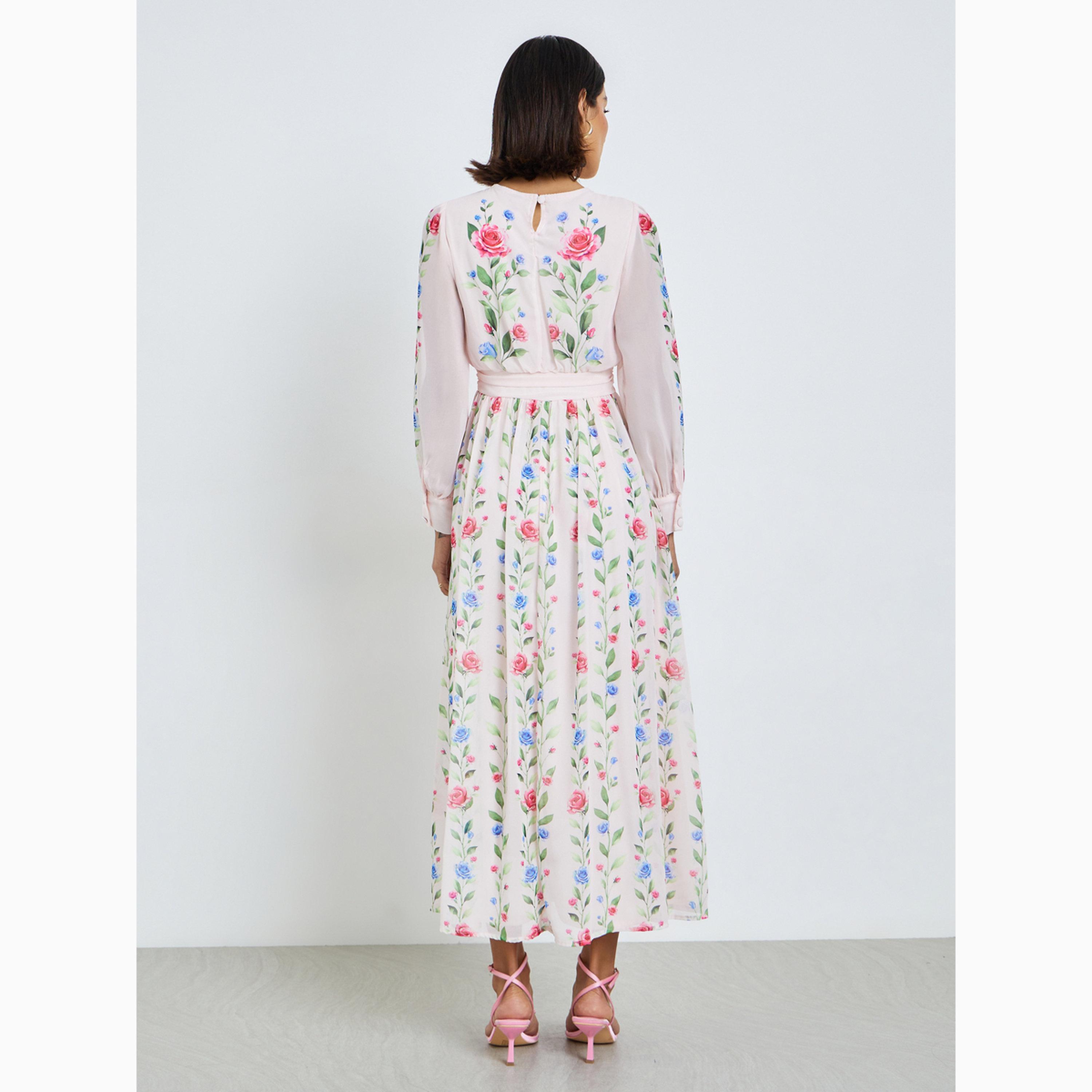 Styli Light Pink Floral Maxi Dress with Tie-Up Neck-women-clothing-dresses-image-5