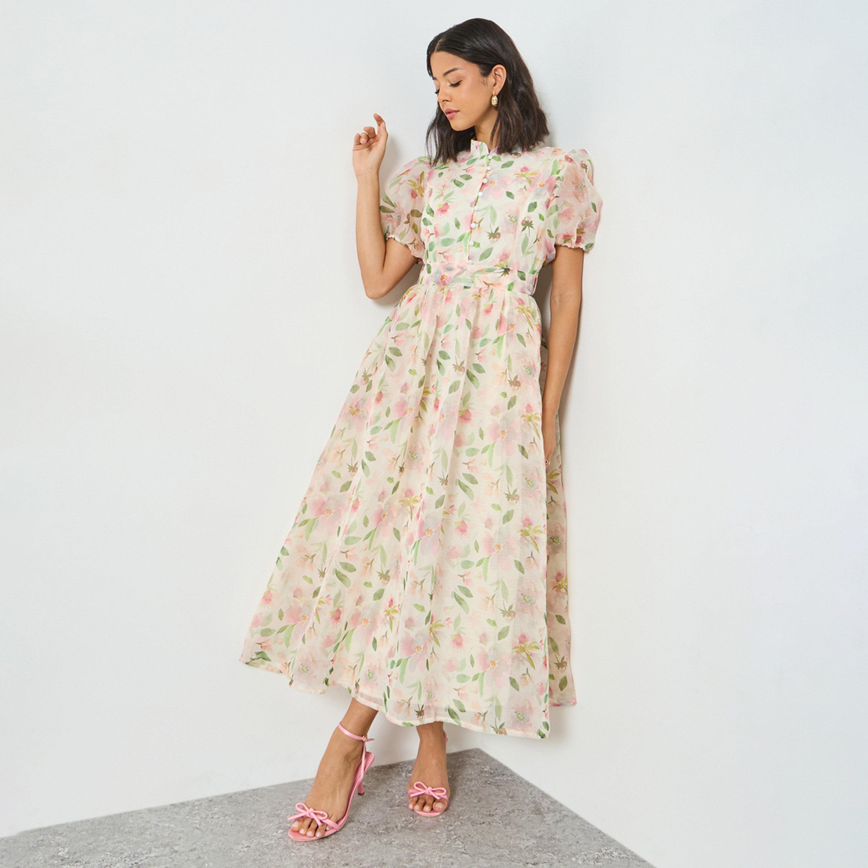 فستان طويل بأكمام منفوخة وطبعة زهور وحزام ربط-women-clothing-dresses-image-1