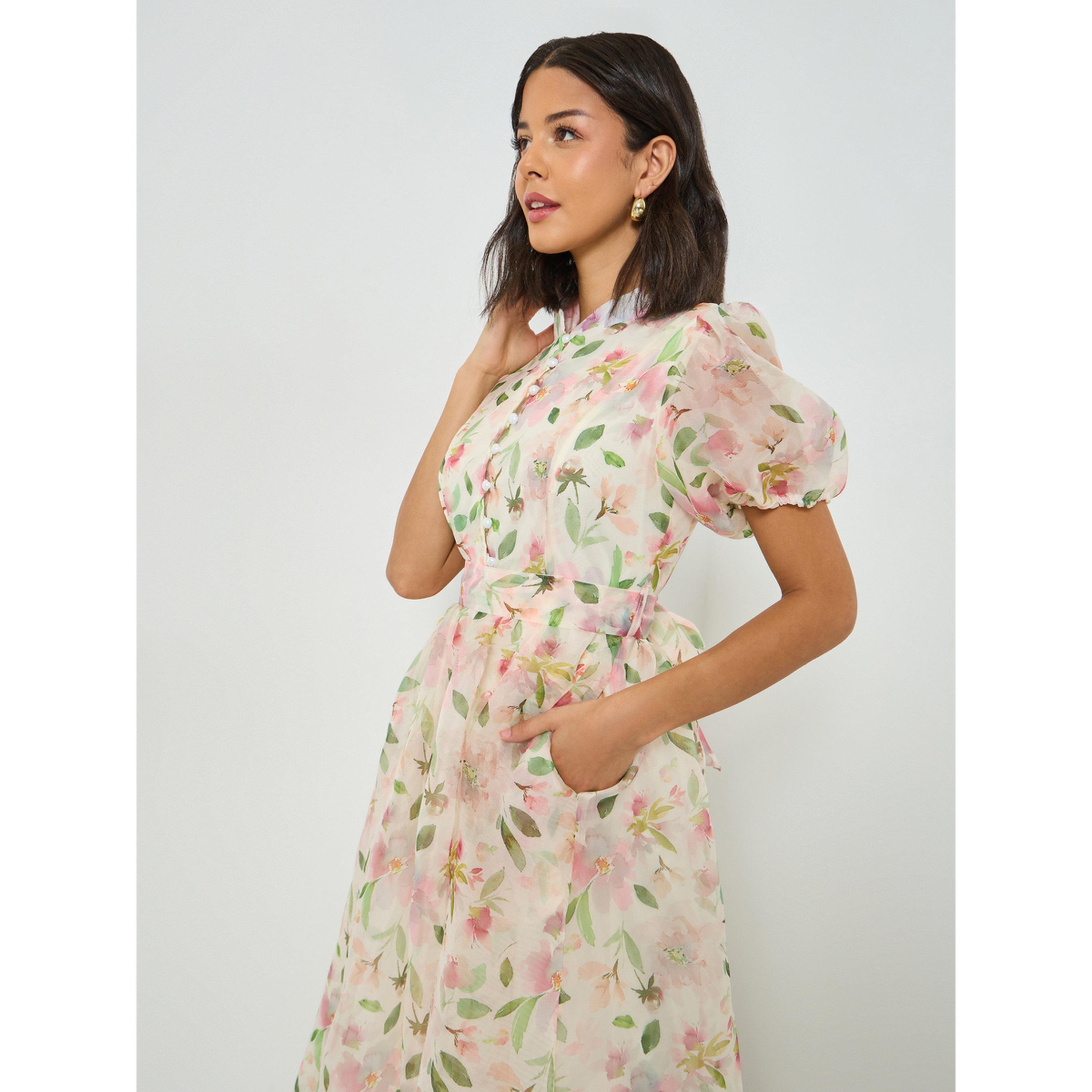 فستان طويل بأكمام منفوخة وطبعة زهور وحزام ربط-women-clothing-dresses-image-2