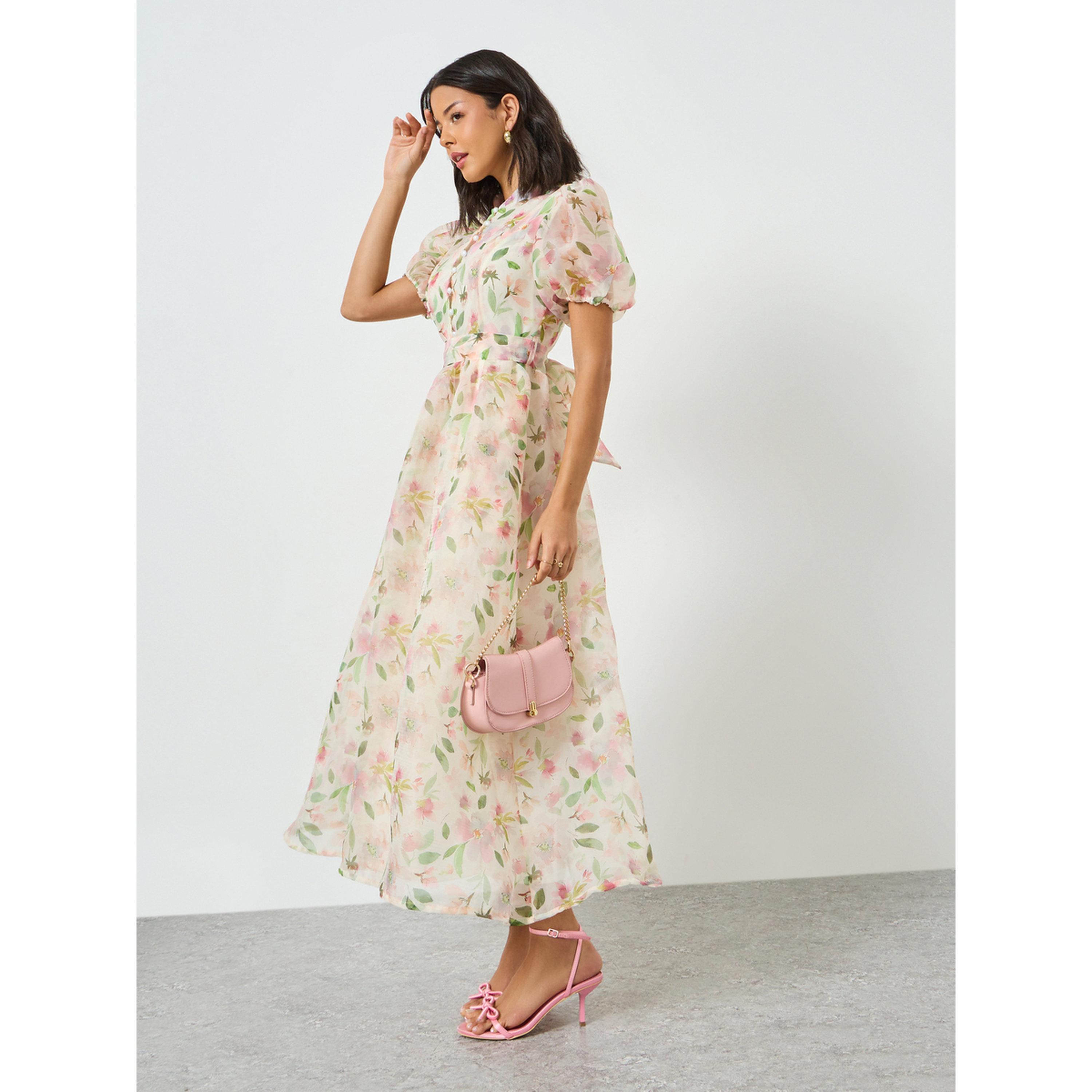 فستان طويل بأكمام منفوخة وطبعة زهور وحزام ربط-women-clothing-dresses-image-3