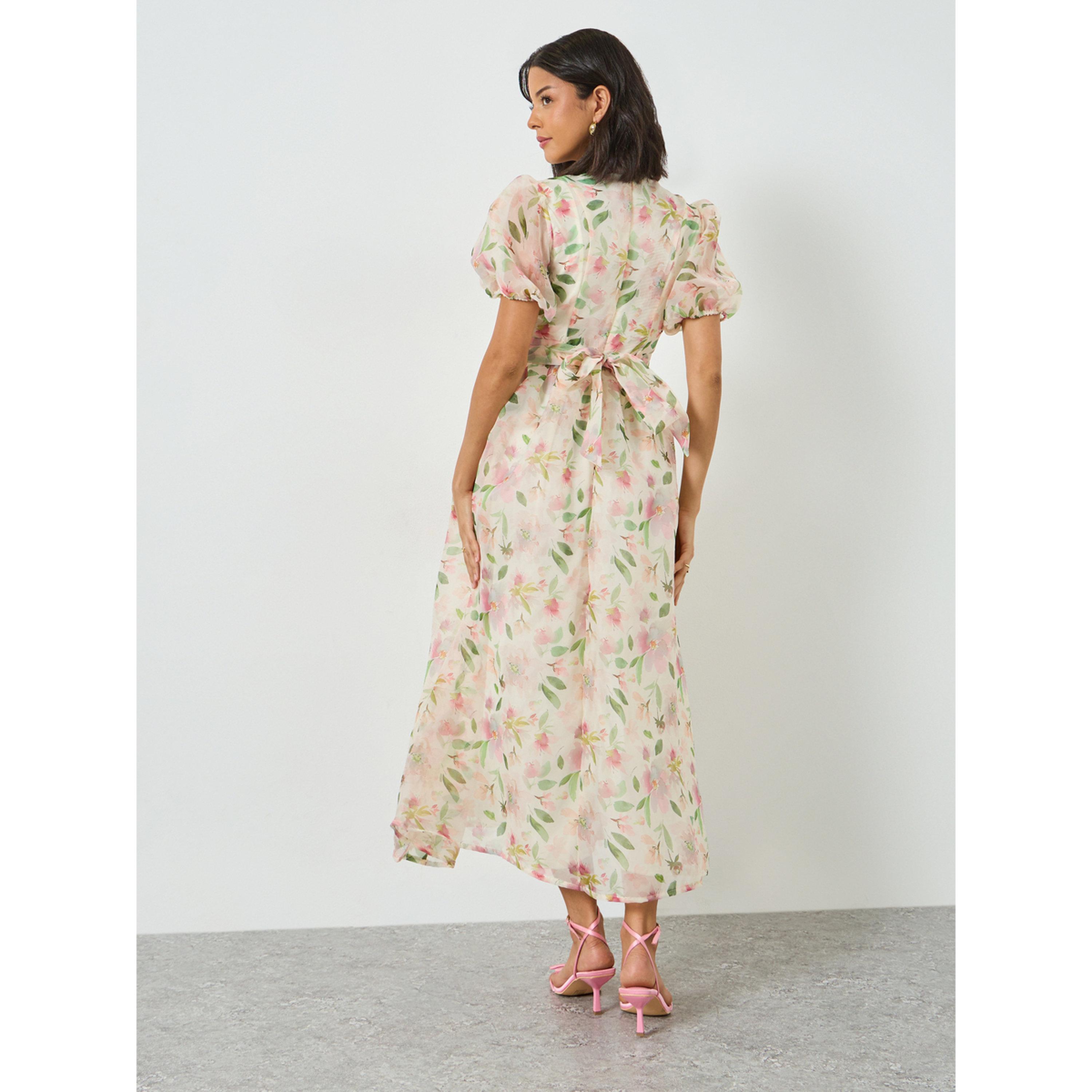 فستان طويل بأكمام منفوخة وطبعة زهور وحزام ربط-women-clothing-dresses-image-4