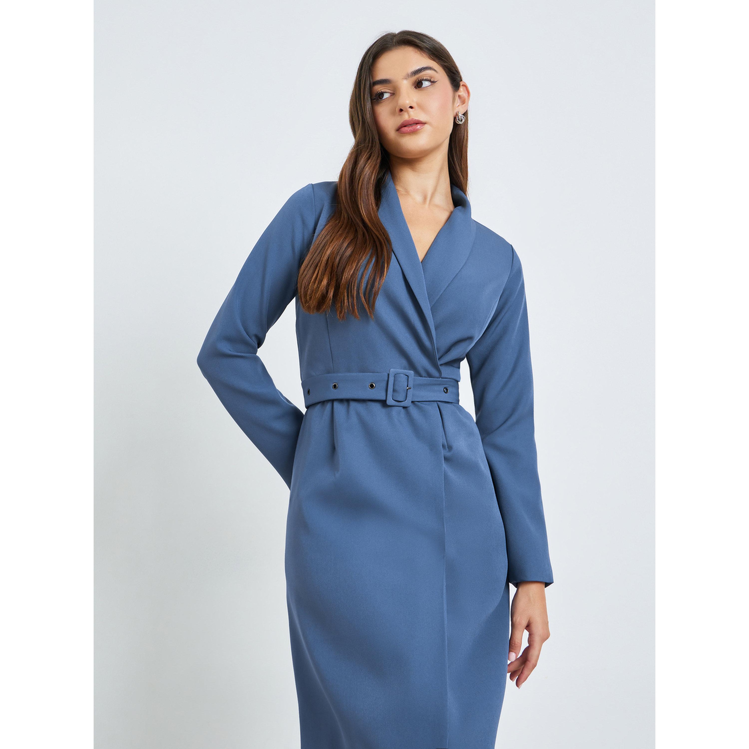 Styli Blue Blazer Midi Dress with Buckle Belt-women-clothing-dresses-image-2