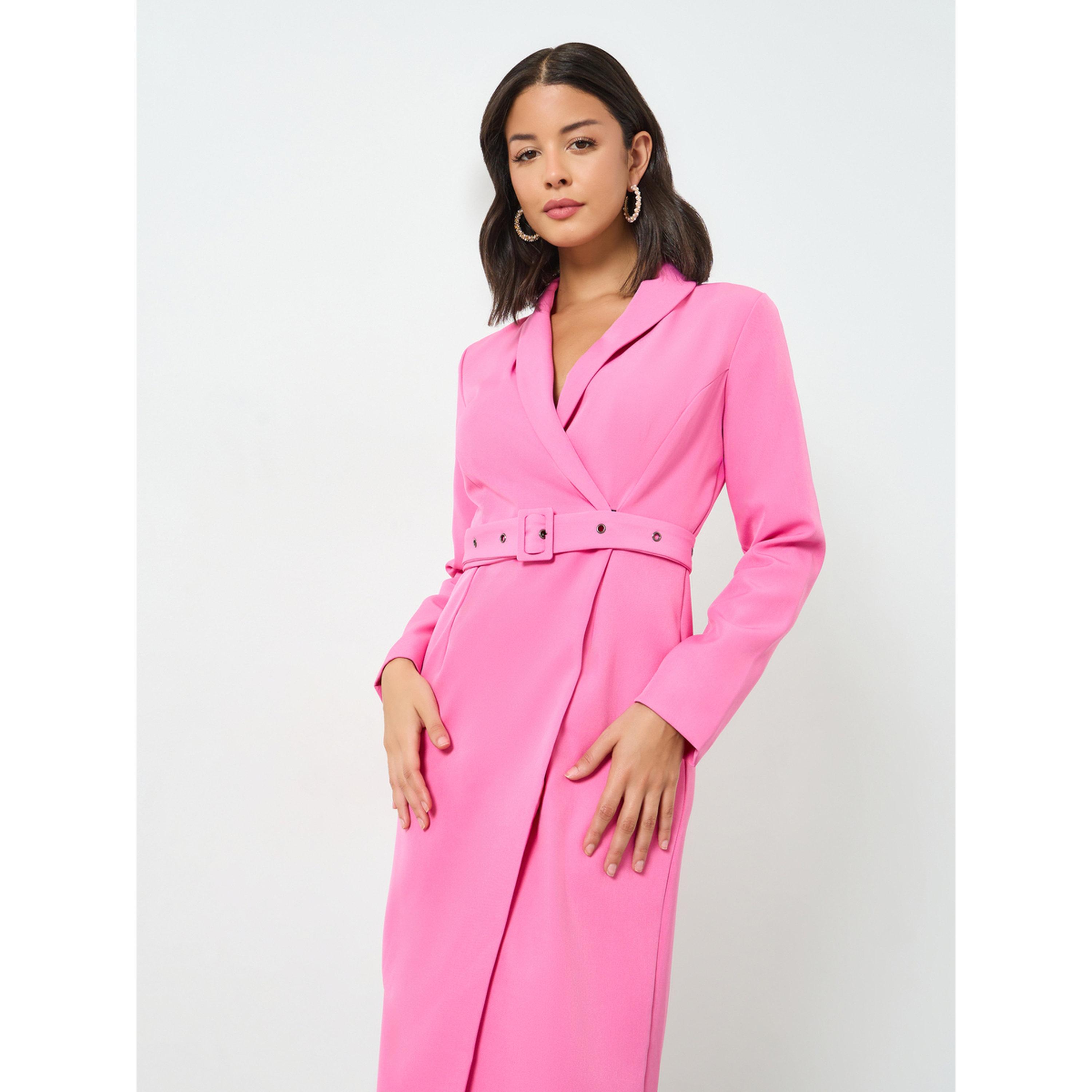 Styli Pink Blazer Midi Dress with Buckle Belt-women-clothing-dresses-image-2