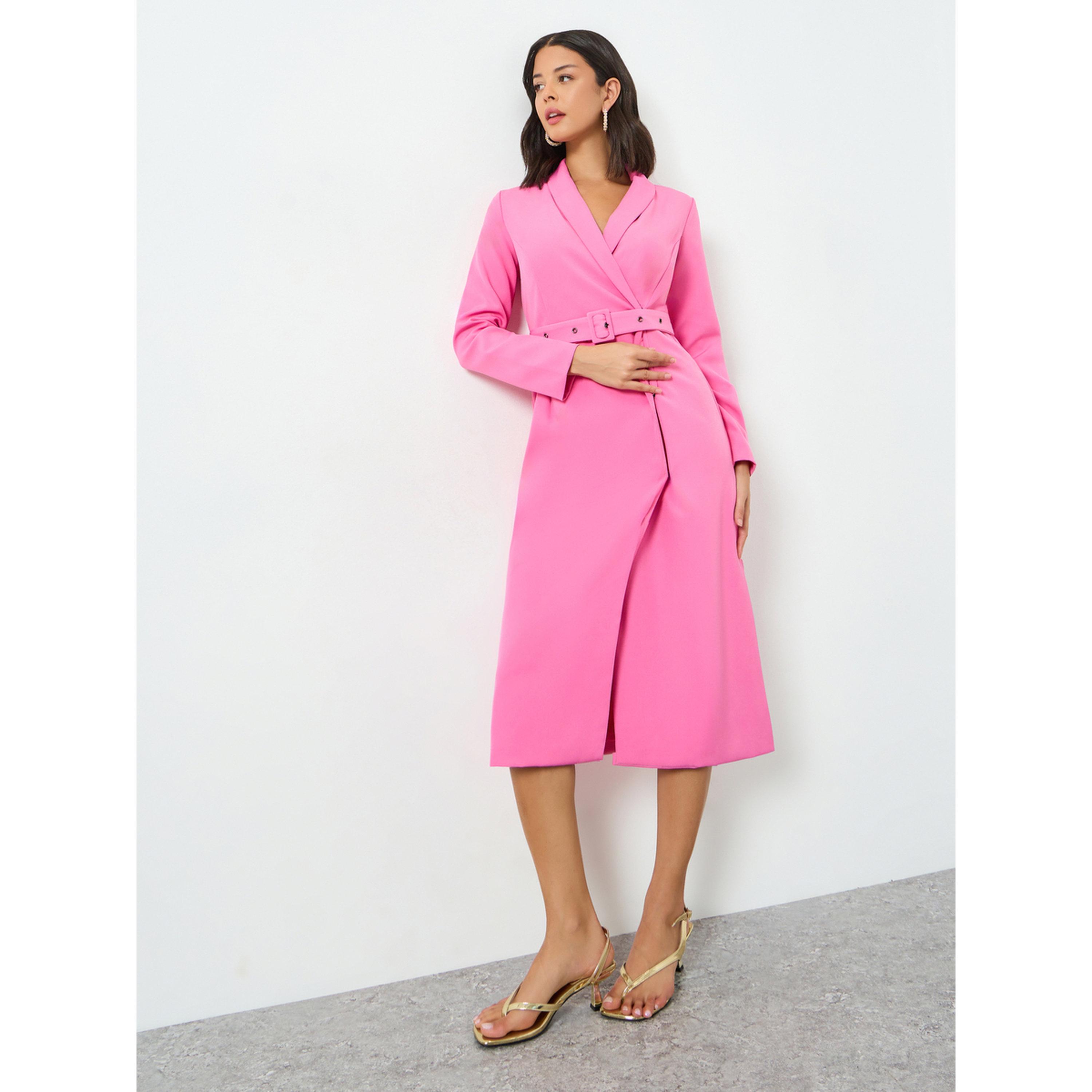 Styli Pink Blazer Midi Dress with Buckle Belt-women-clothing-dresses-image-3