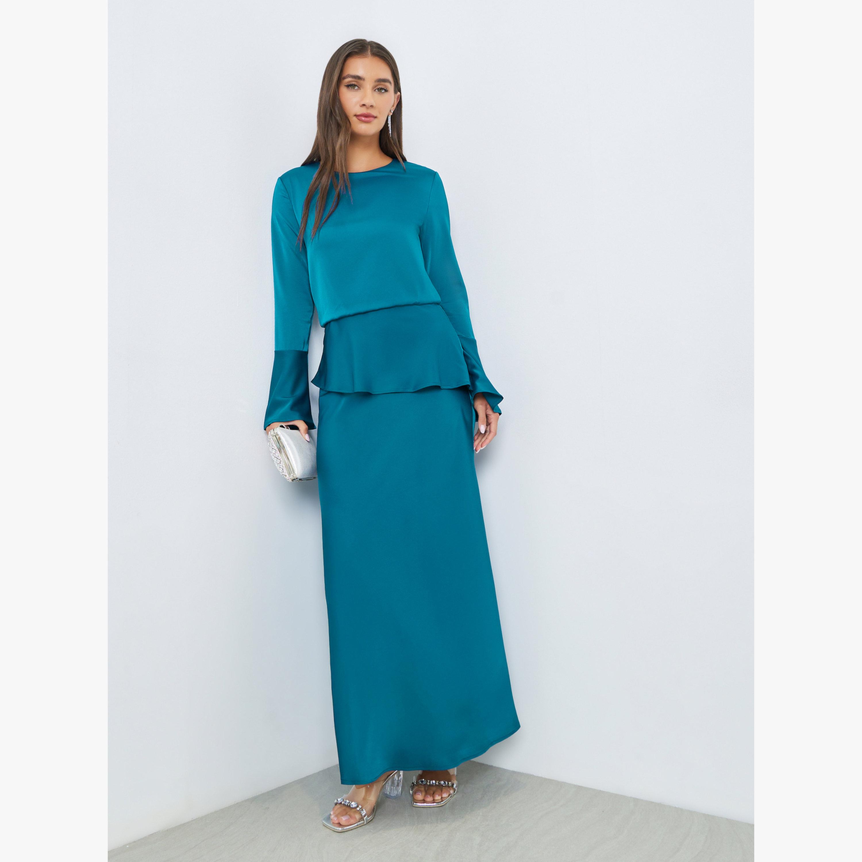 Styli Blue Satin Bell Sleeves Maxi Dress-women-clothing-dresses-image-2
